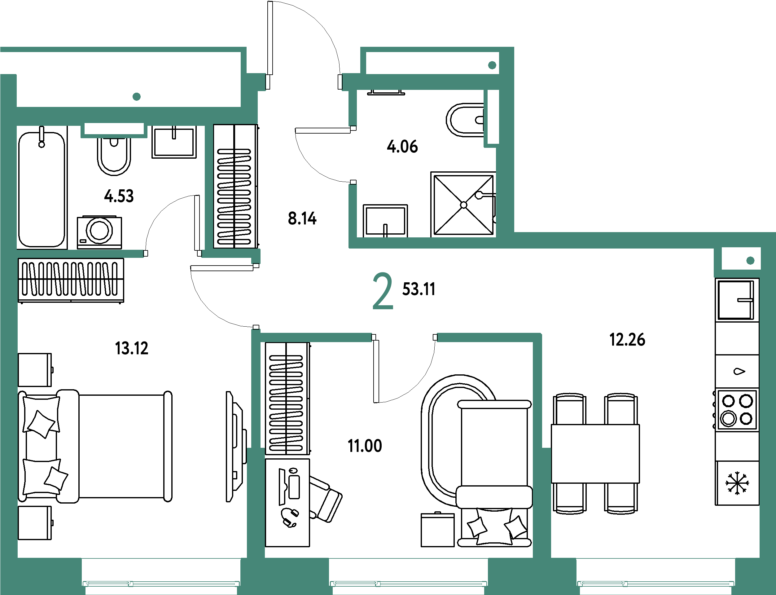 Планировка: 2-комнатная 53,11 м² в ЖК «Авторский»