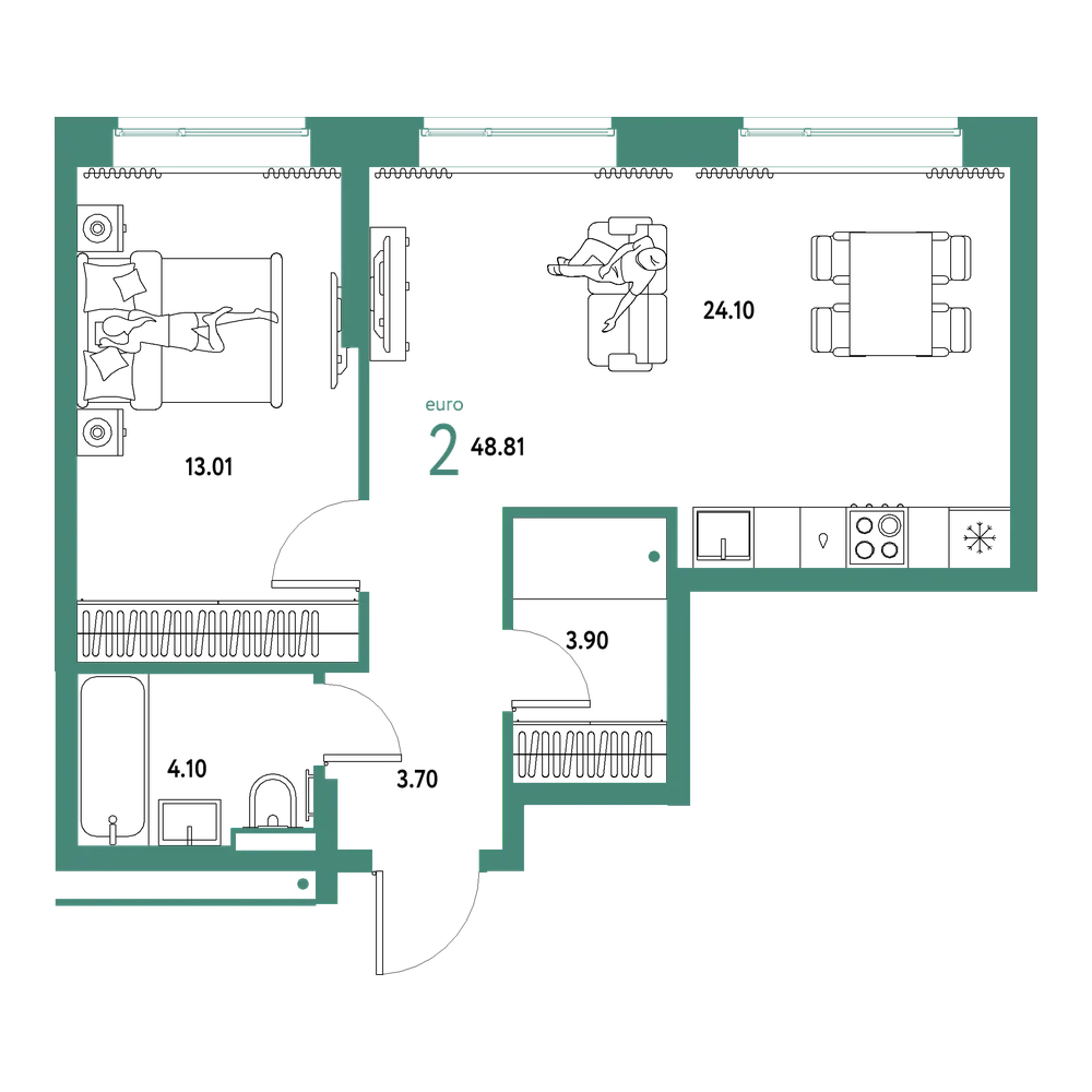 Планировка: Евродвушка 48,81 м²