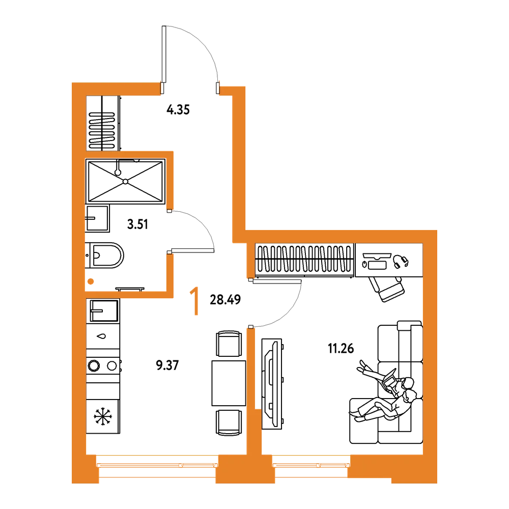 Планировка: 1-комнатная 28,49 м²