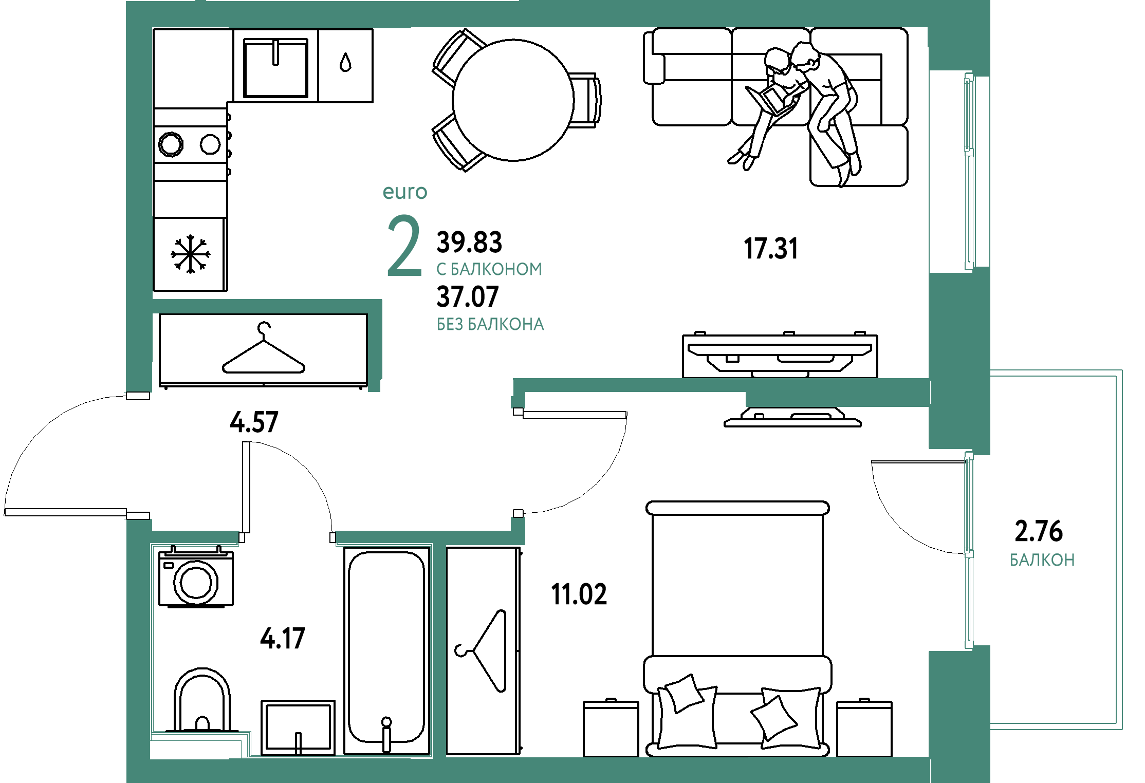 Планировка: Евродвушка 39,83 м² в ЖК «Европейский берег 2.0»