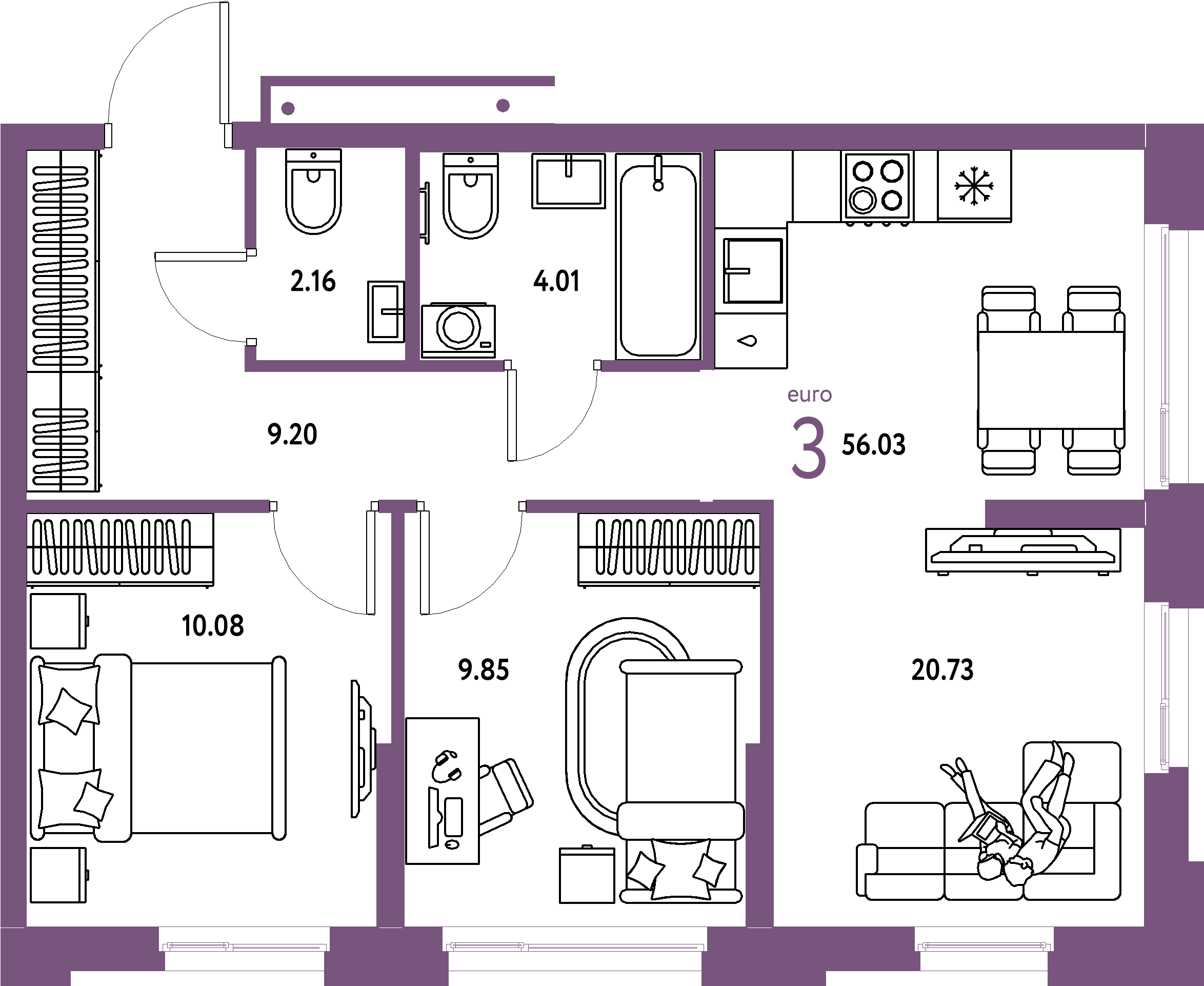 Планировка: Евротрёшка 56,03 м² в ЖК «Домашний»
