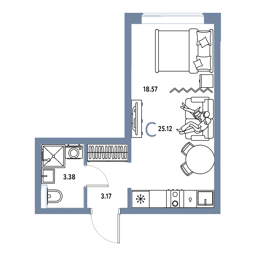 Планировка: Студия 25,12 м²