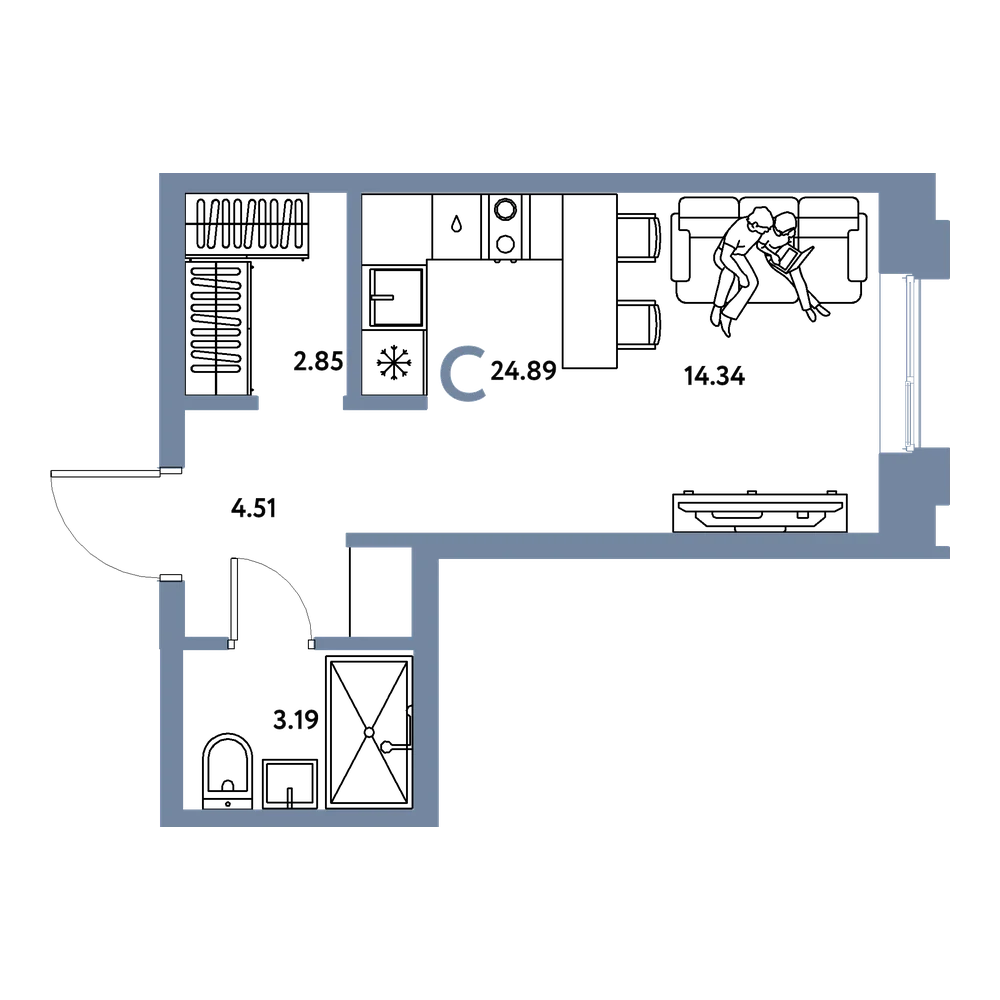 Планировка: Студия 24,89 м²