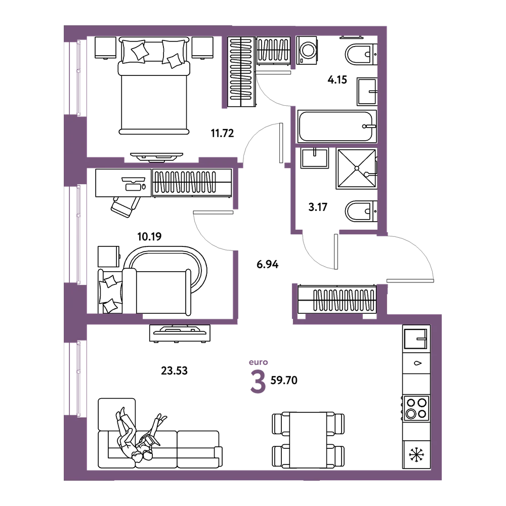Планировка: Евротрёшка 59,7 м²