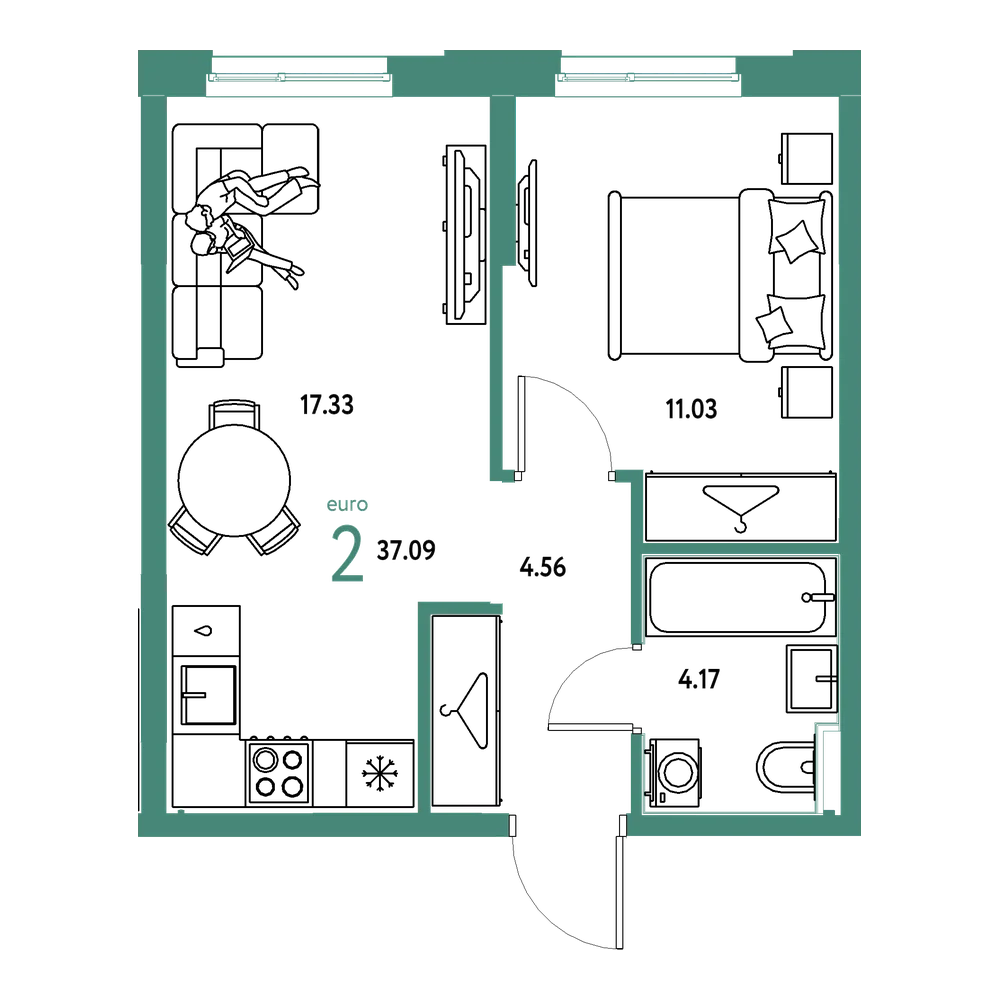 Планировка: Евродвушка 37,09 м²