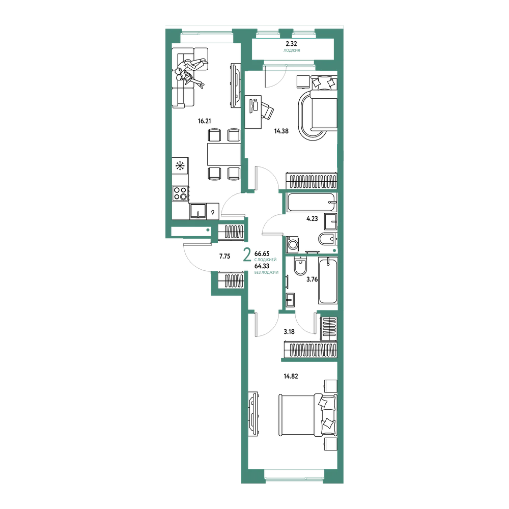 Планировка: 2-комнатная 66,65 м²