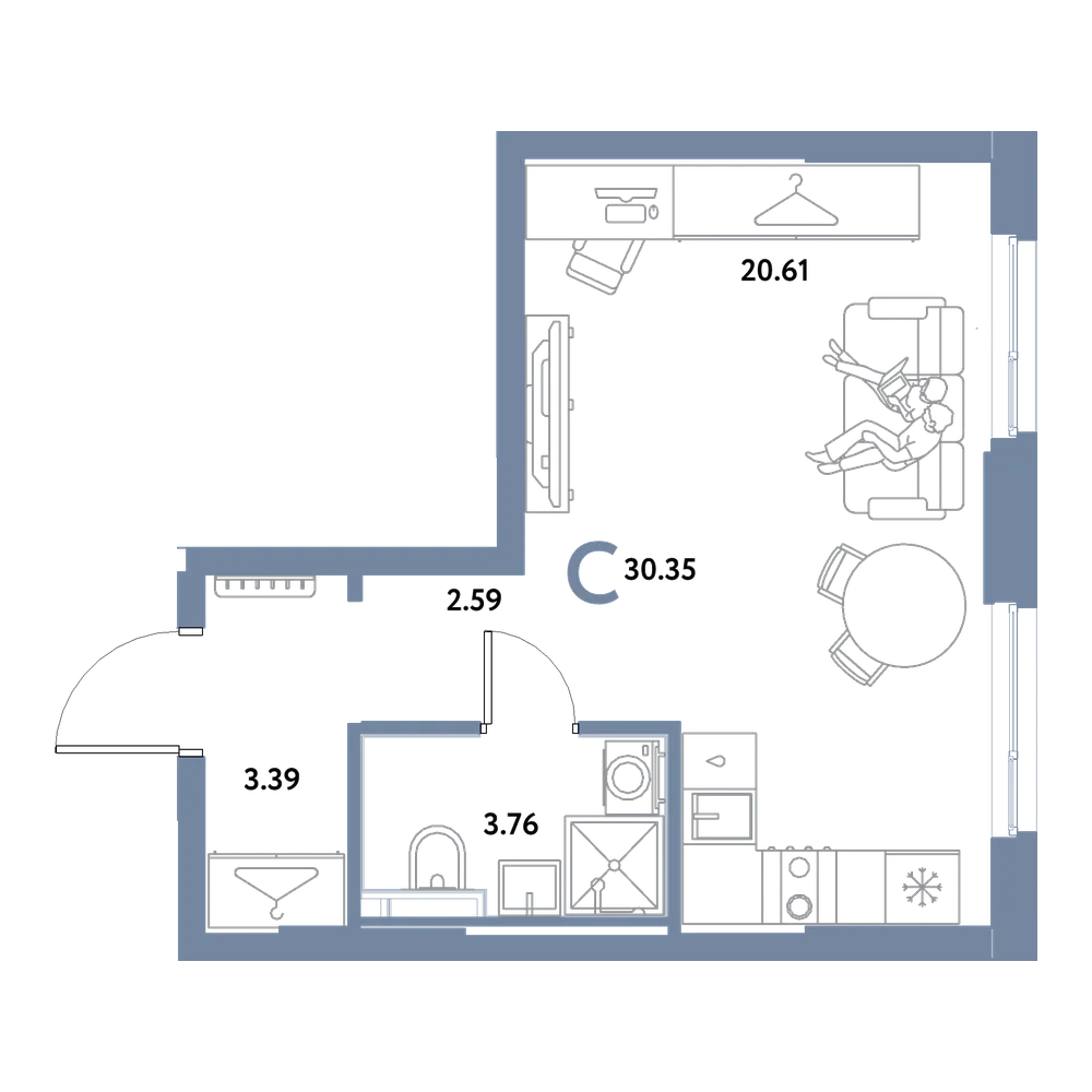 Планировка: Студия 30,35 м²