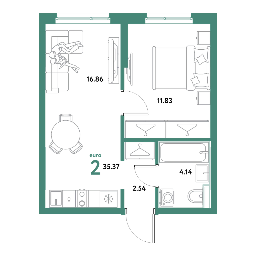 Планировка: Евродвушка 35,37 м²