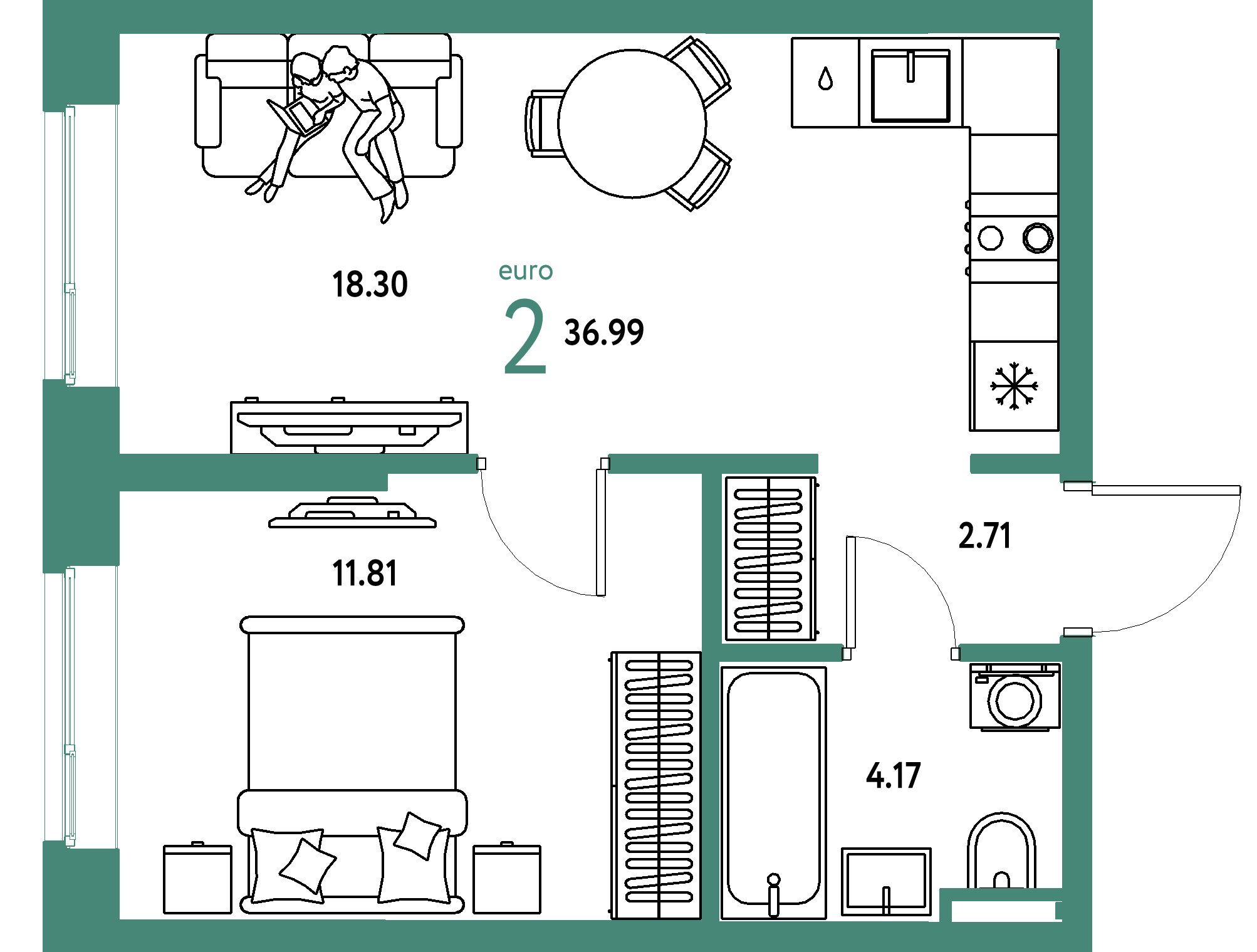 Планировка: Евродвушка 36,99 м² в ЖК «Остров-сад»