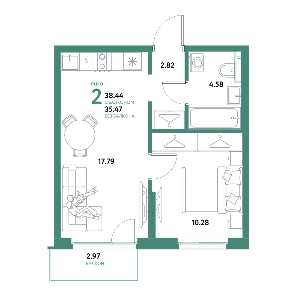 Планировка: Евродвушка 38,44 м²