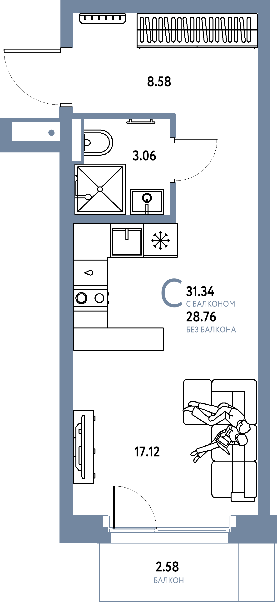 Планировка: Студия 31,34 м² в ЖК «Авторский»