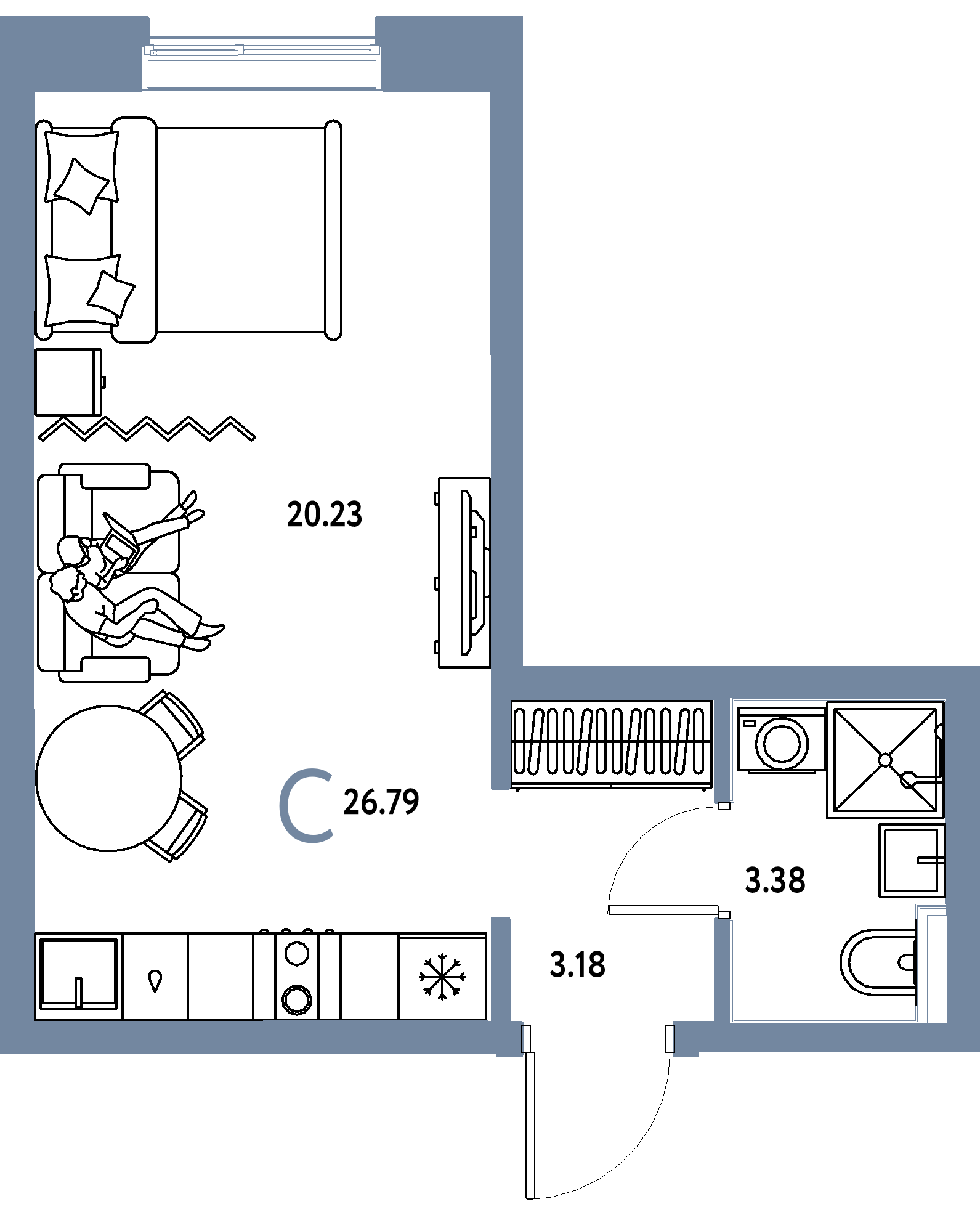 Планировка: Студия 26,79 м² в ЖК «Остров-сад»