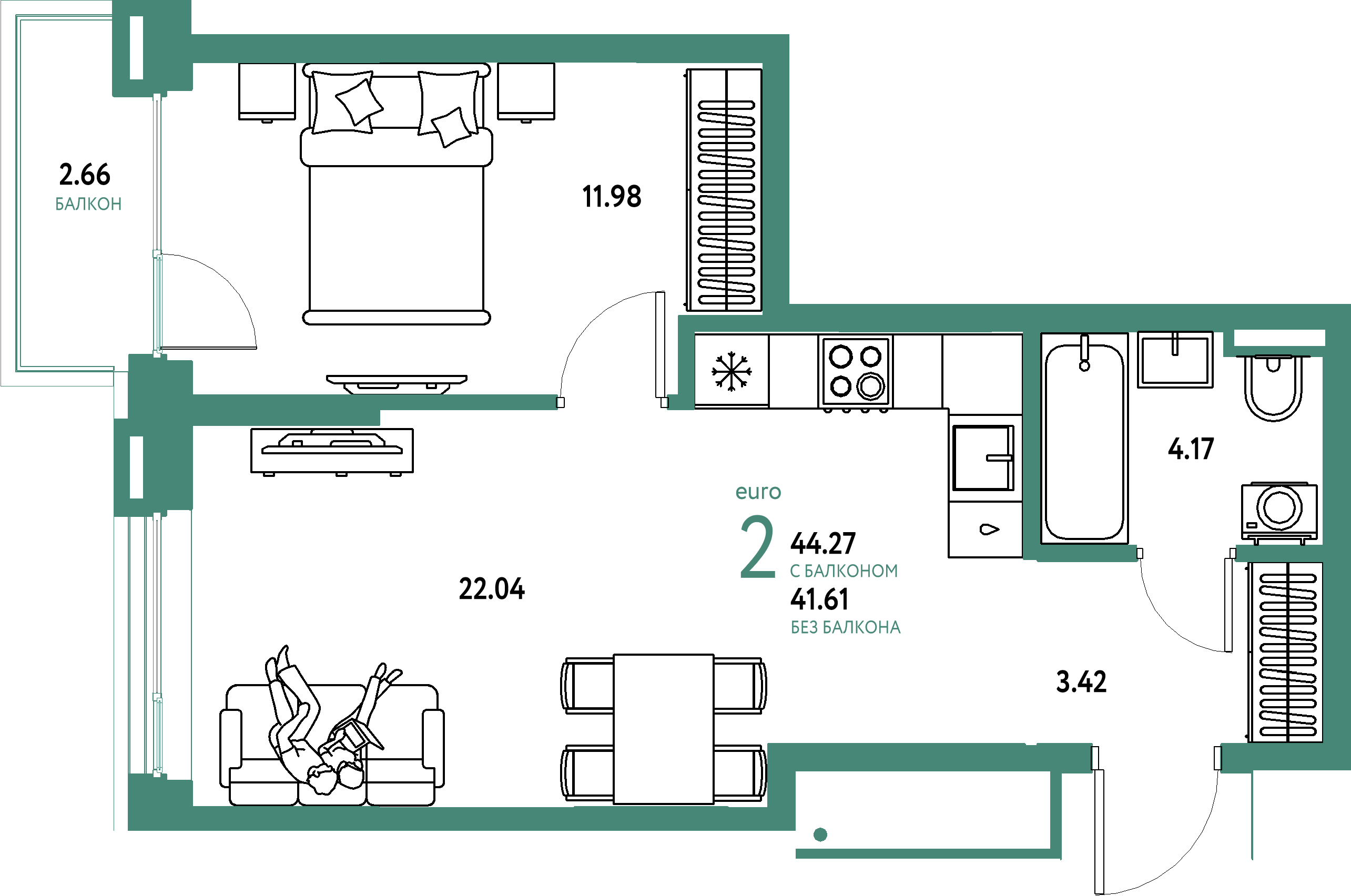 Планировка: Евродвушка 44,27 м² в ЖК «Страна.Прибрежная»