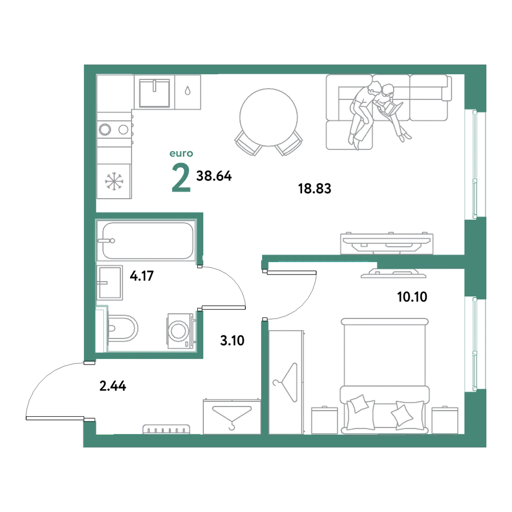 Планировка: Евродвушка 38,64 м²