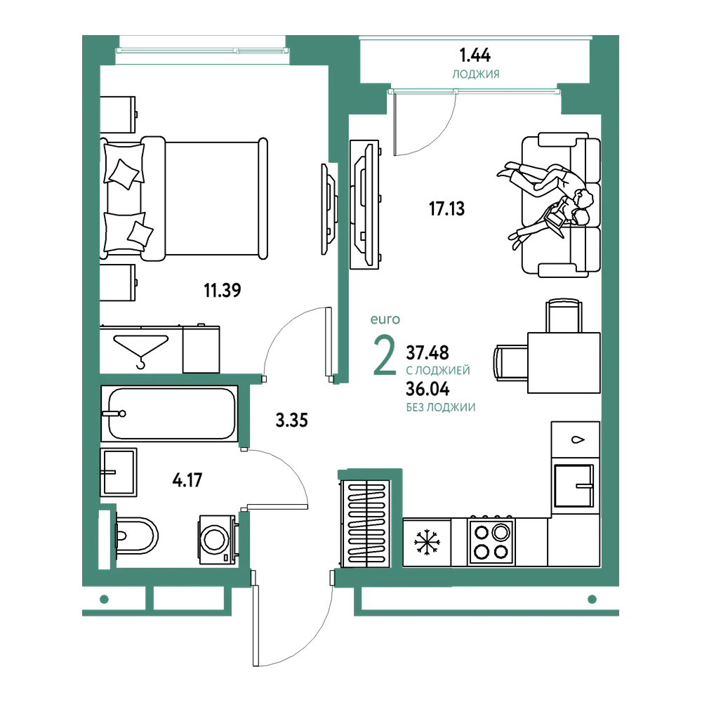 Планировка: Евродвушка 37,48 м²