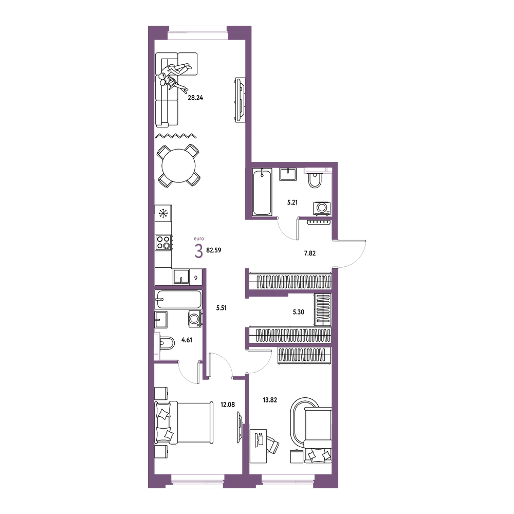Планировка: Евротрёшка 82,61 м²