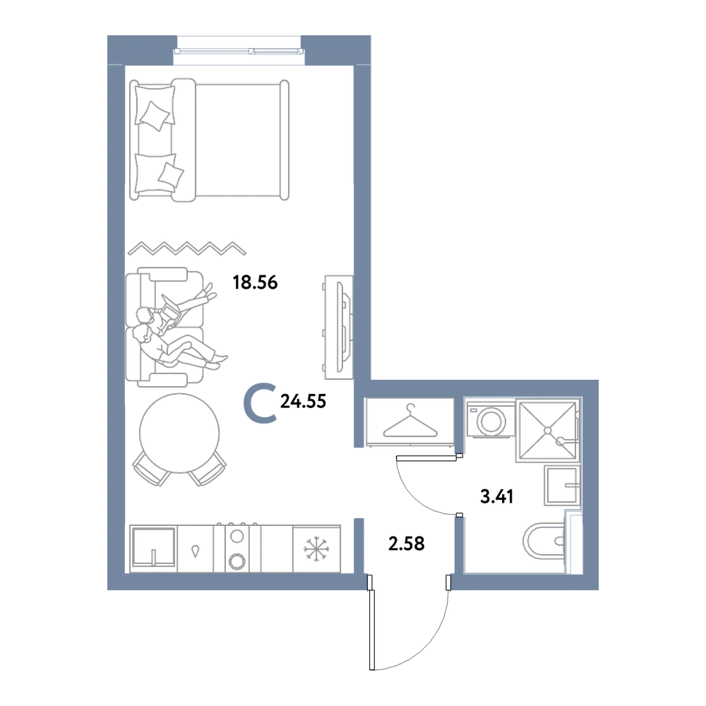 Планировка: Студия 24,55 м²
