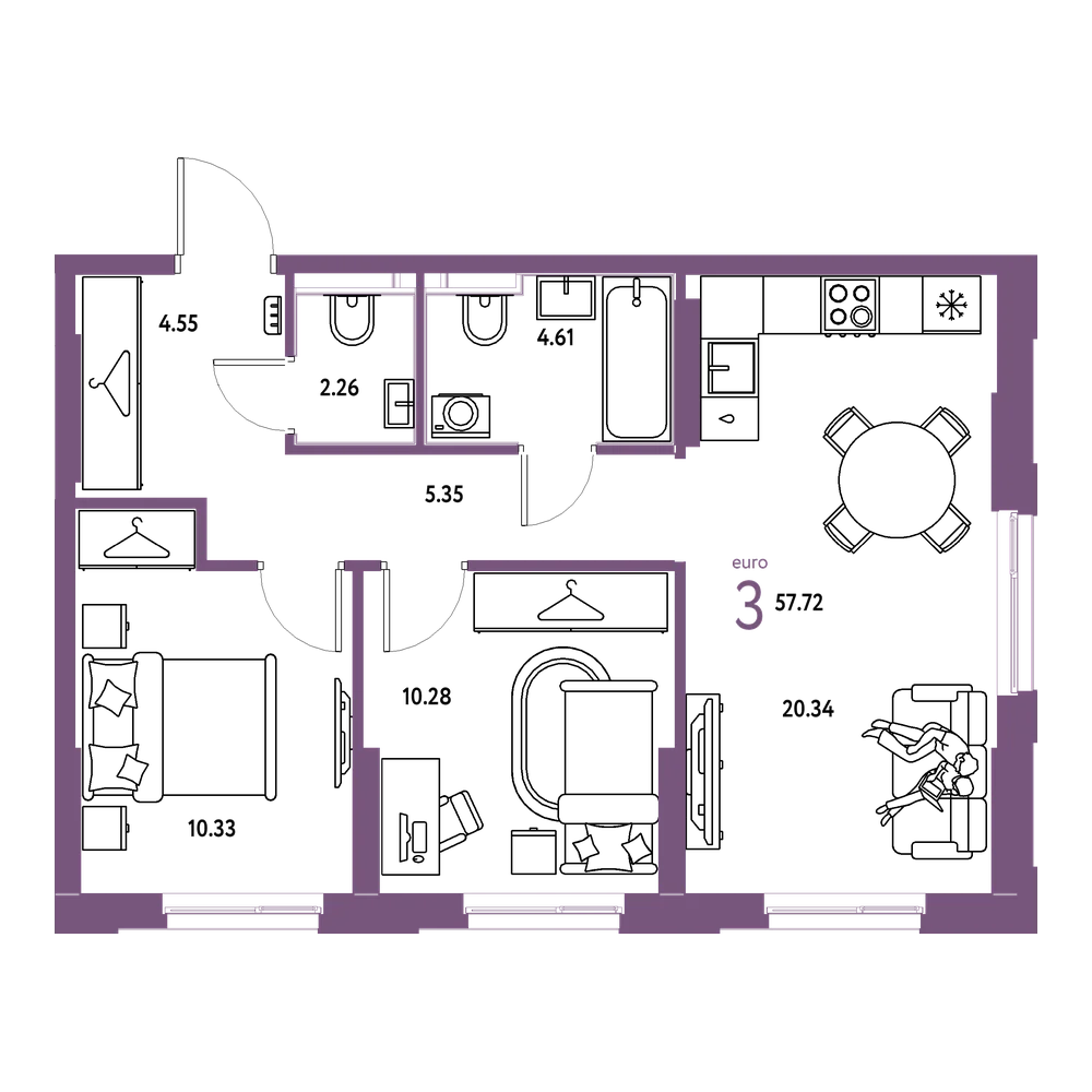 Планировка: Евротрёшка 57,72 м²