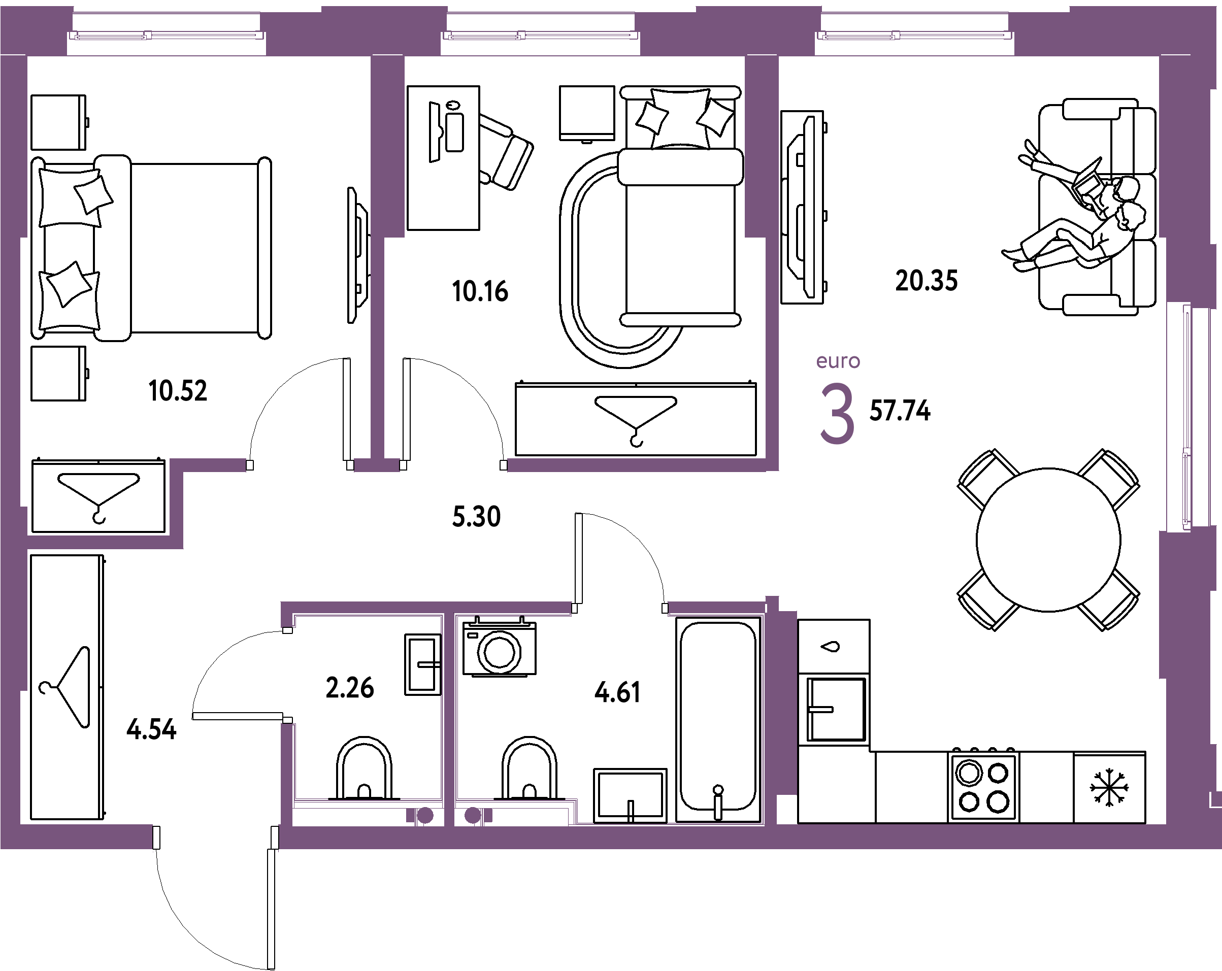 Планировка: Евротрёшка 57,74 м² в ЖК «Европейский берег 2.0»