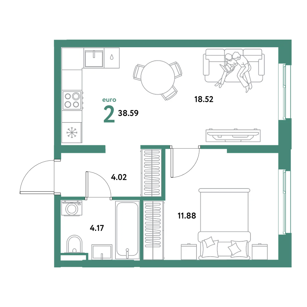 Планировка: Евродвушка 38,59 м²