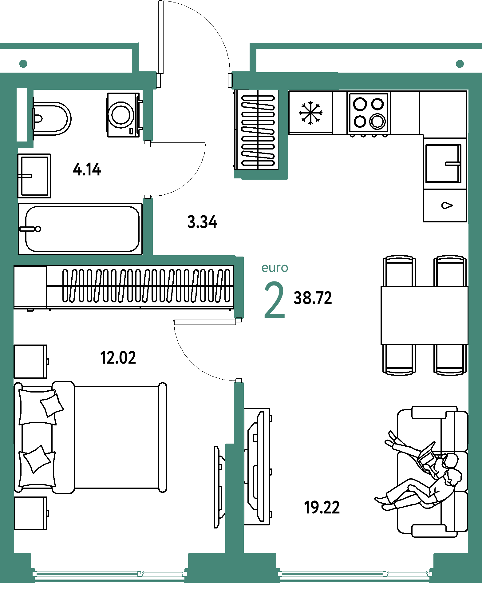 Планировка: Евродвушка 38,72 м² в ЖК «Страна.Прибрежная»
