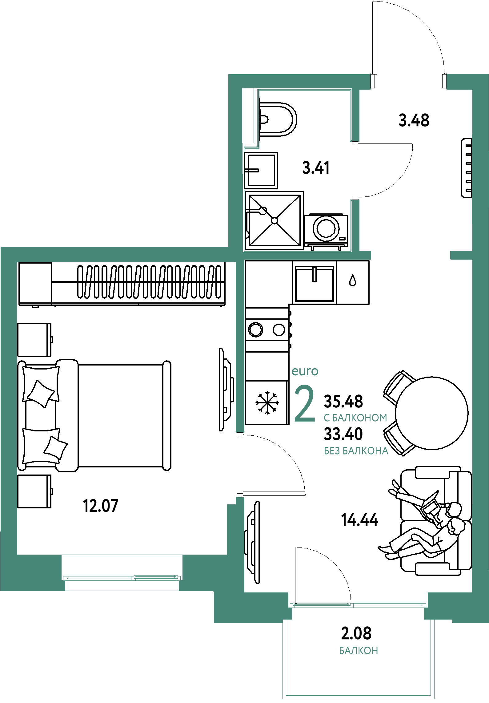 Планировка: Евродвушка 35,48 м² в ЖК «Домашний»