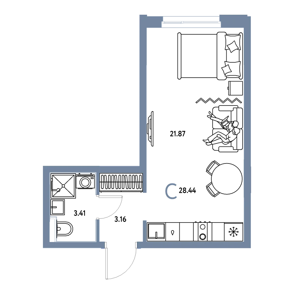 Планировка: Студия 28,44 м²