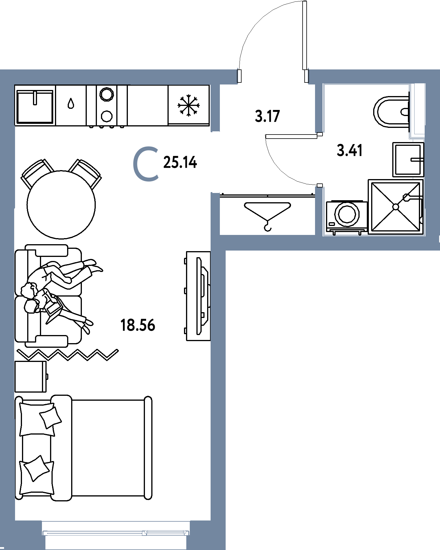 Планировка: Студия 25,14 м² в ЖК «Страна.Прибрежная»