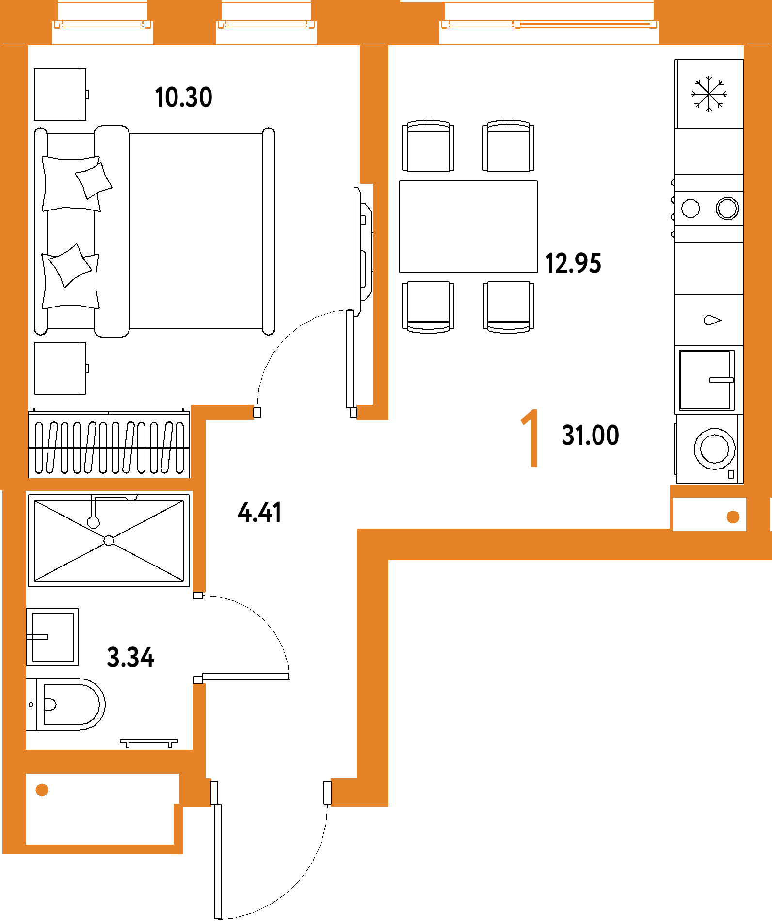 Планировка: 1-комнатная 31 м² в ЖК «Домашний»