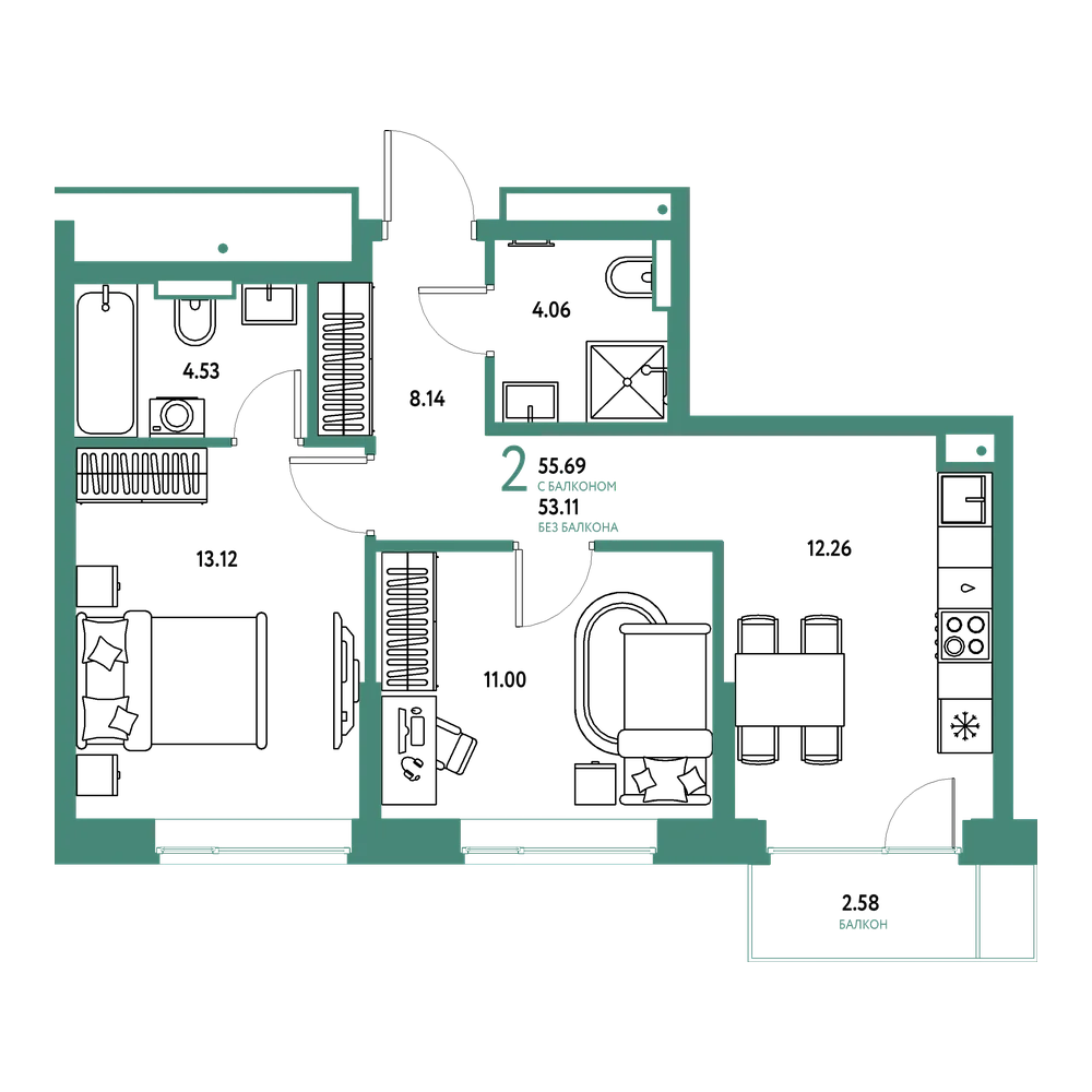 Планировка: 2-комнатная 55,69 м²