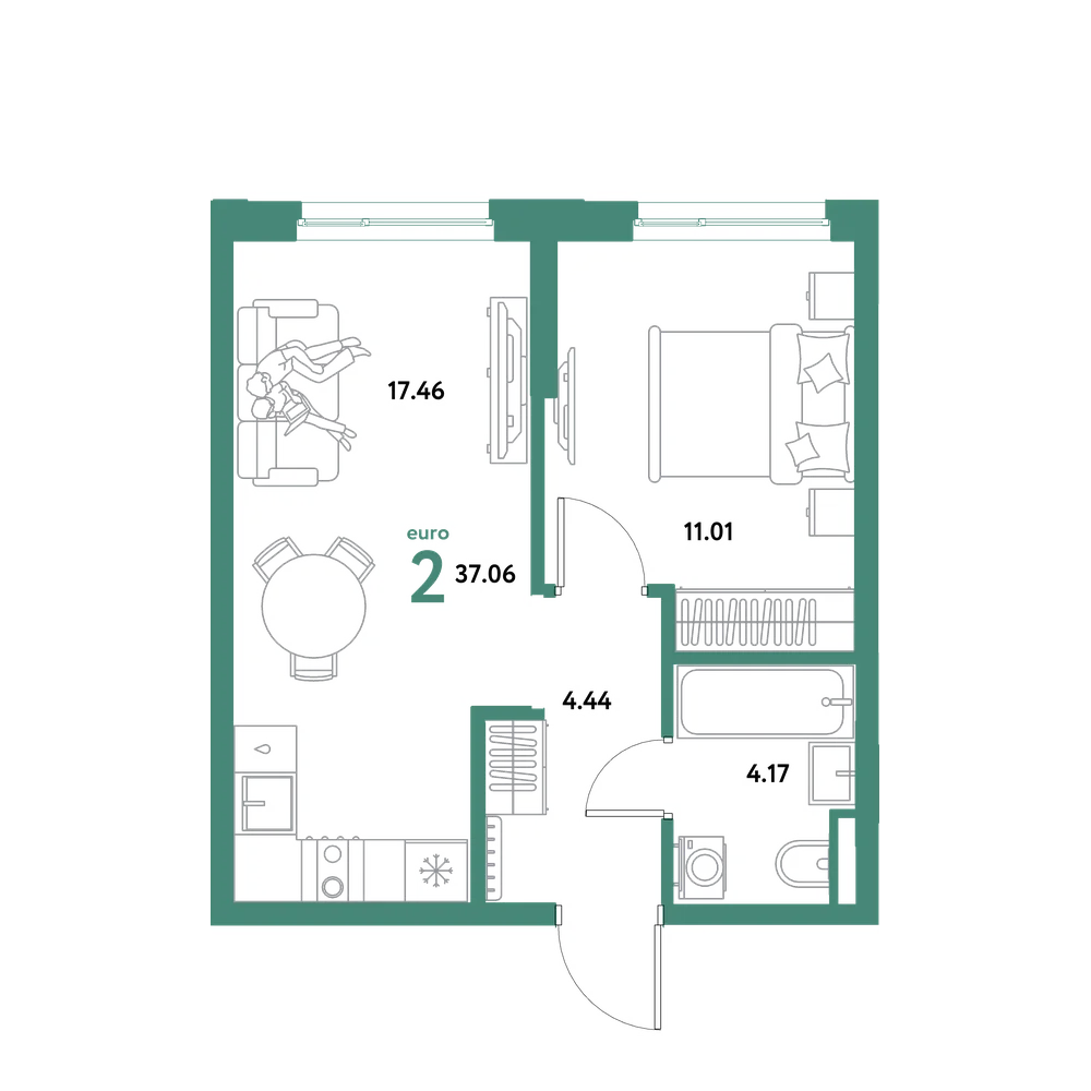 Планировка: Евродвушка 37,06 м²