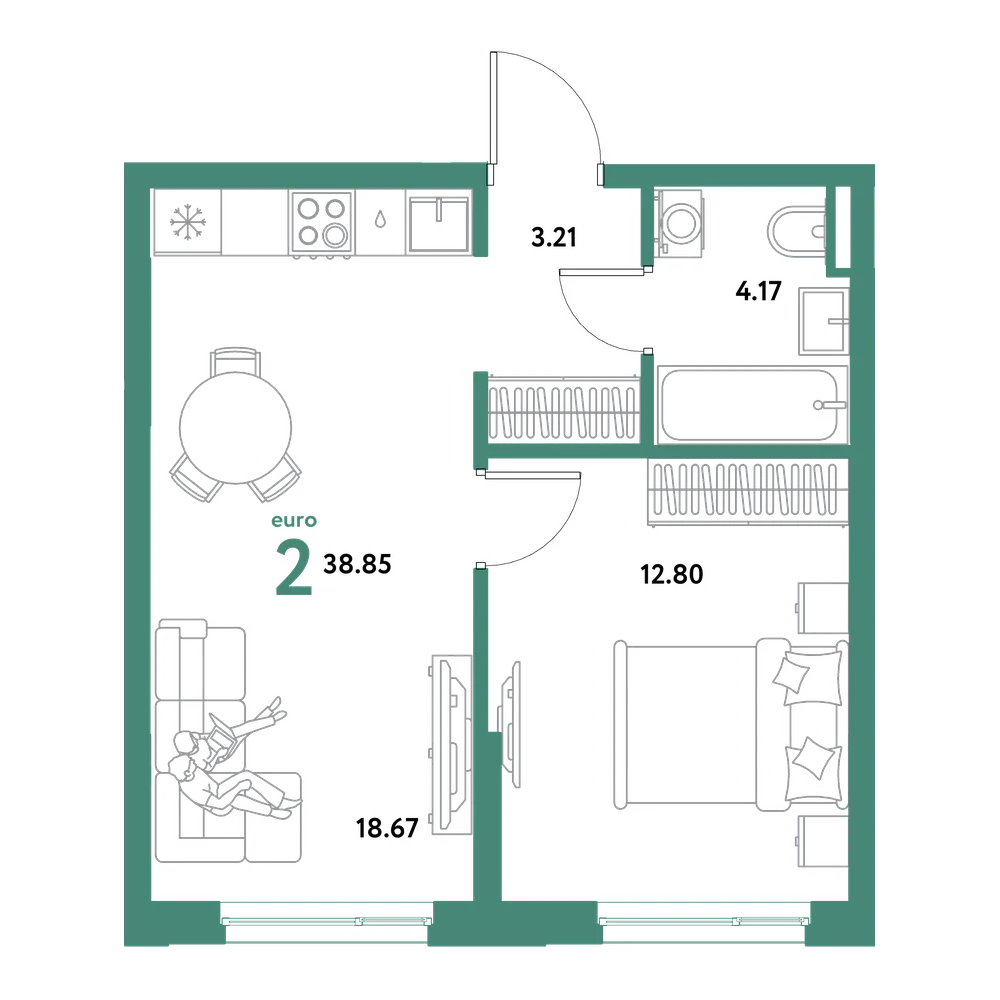 Планировка: Евродвушка 38,85 м²