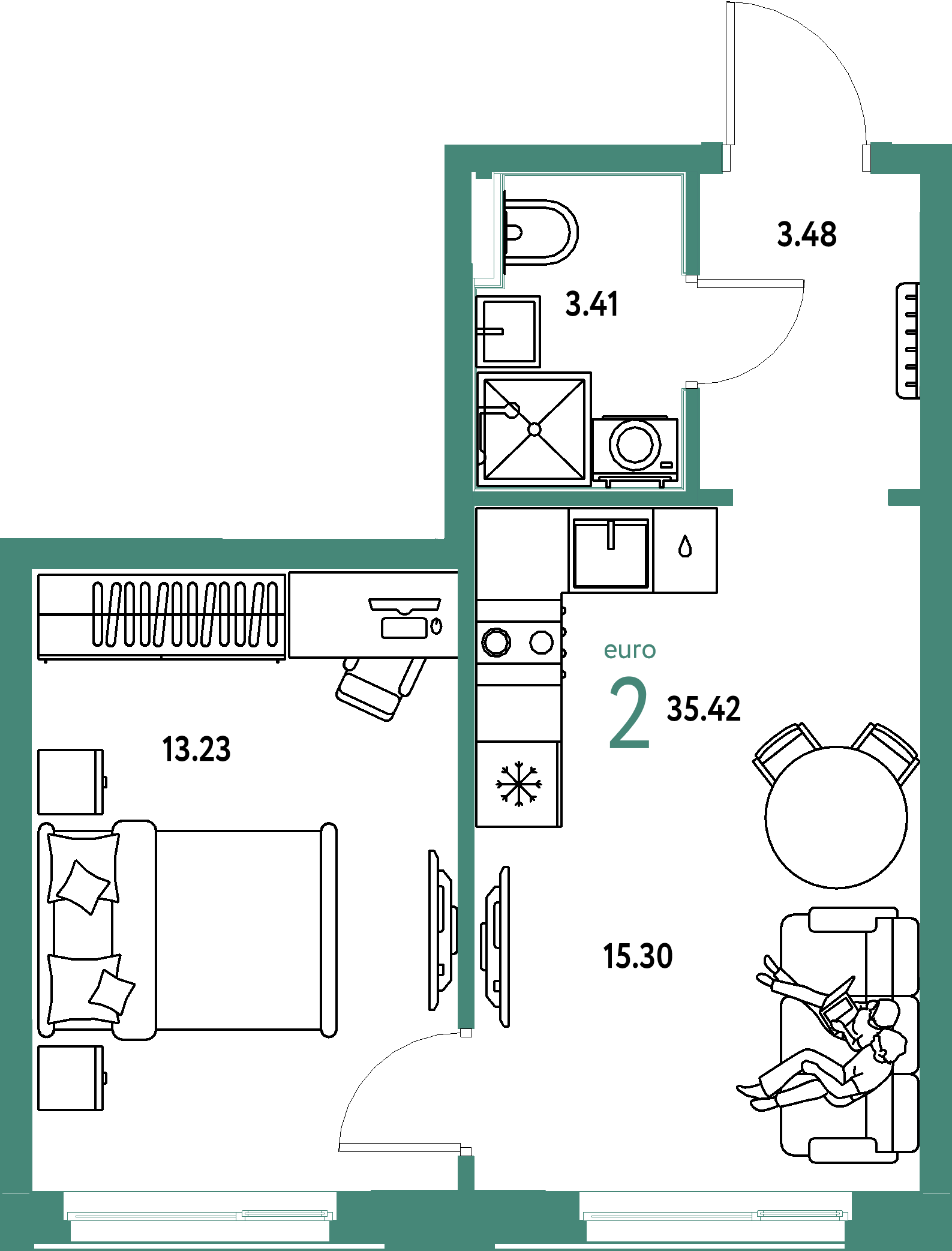 Планировка: Евродвушка 35,42 м² в ЖК «Домашний»