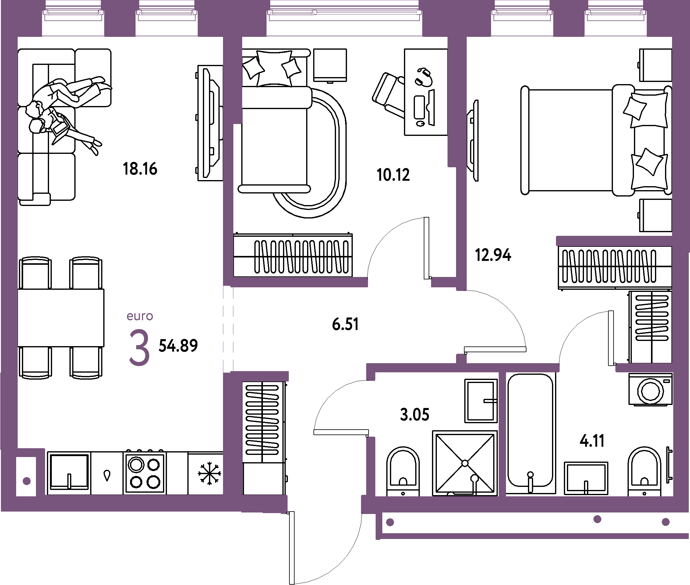 Планировка: Евротрёшка 54,89 м² в ЖК «Домашний»