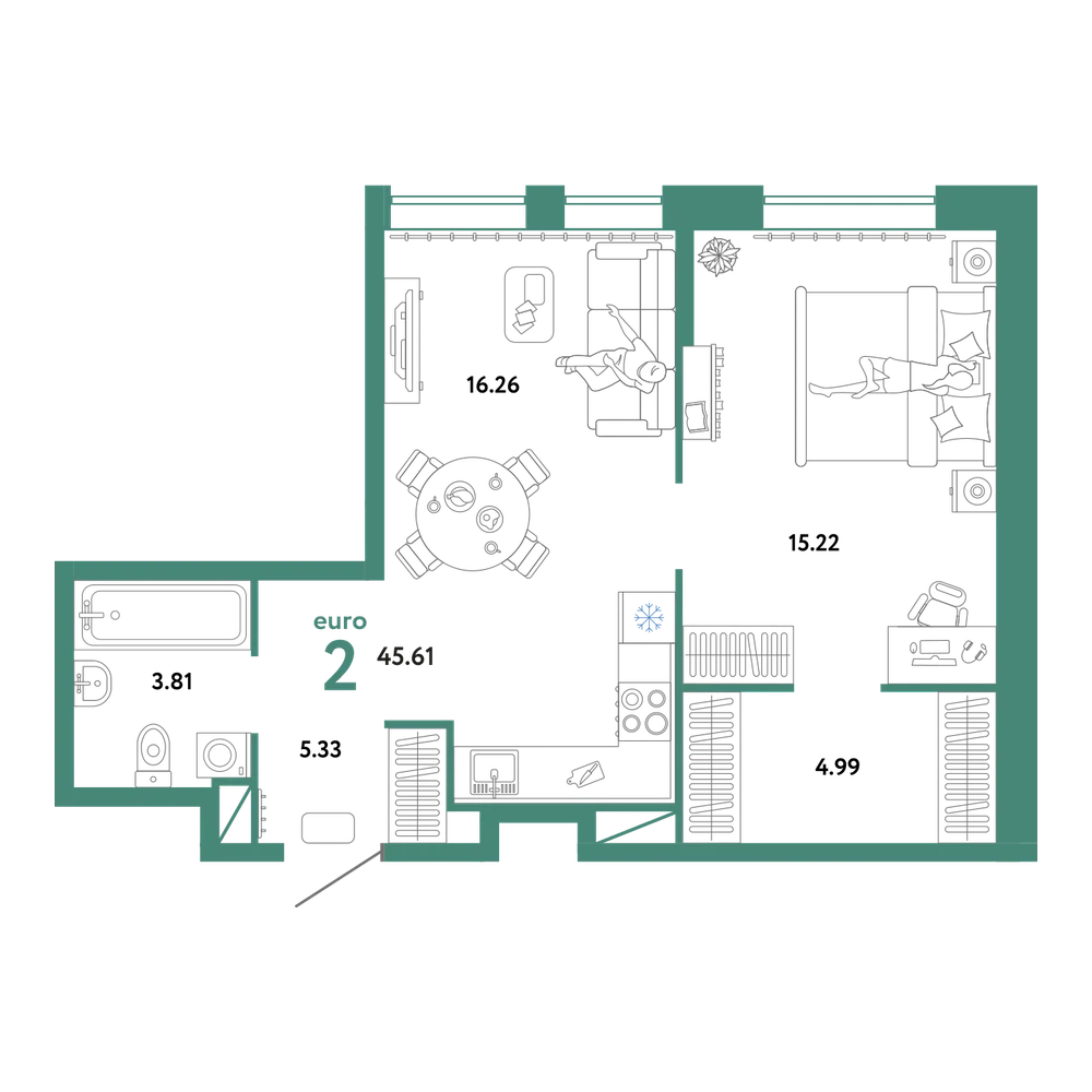 Планировка: Евродвушка 45,61 м²