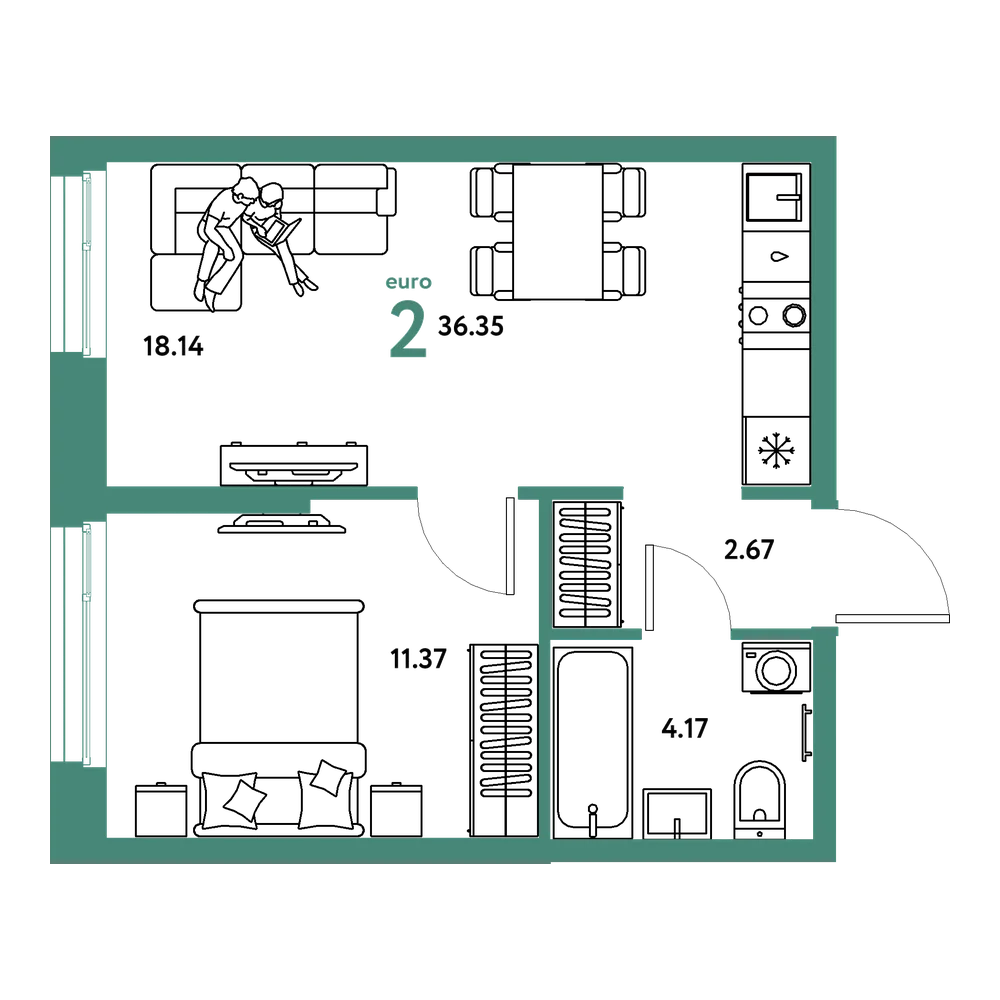 Планировка: Евродвушка 36,35 м²
