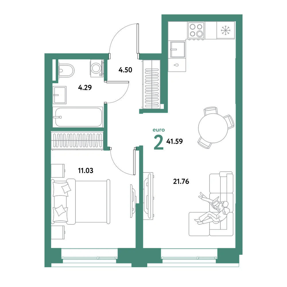 Планировка: Евродвушка 41,59 м²