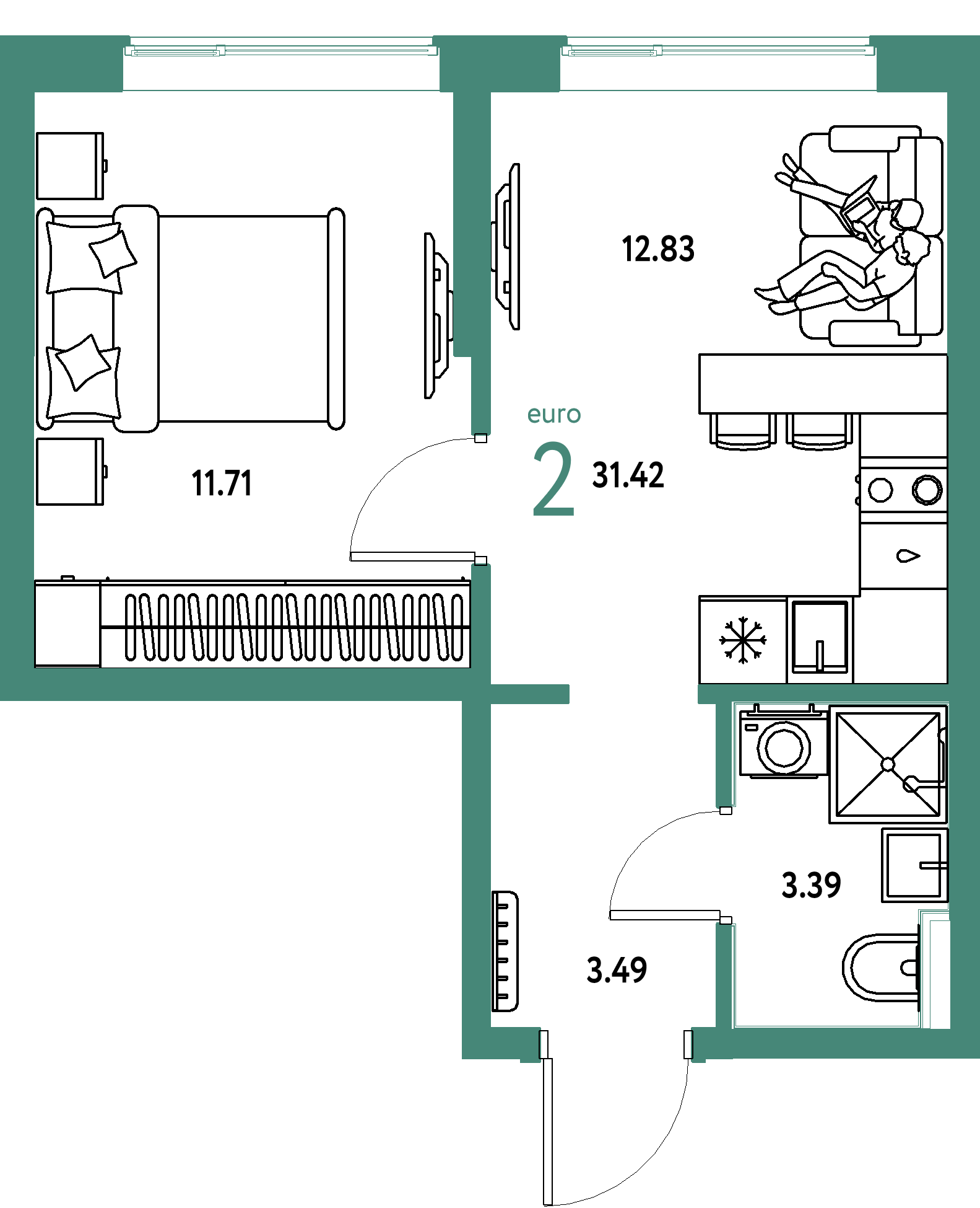 Планировка: Евродвушка 31,42 м² в ЖК «Остров-сад»