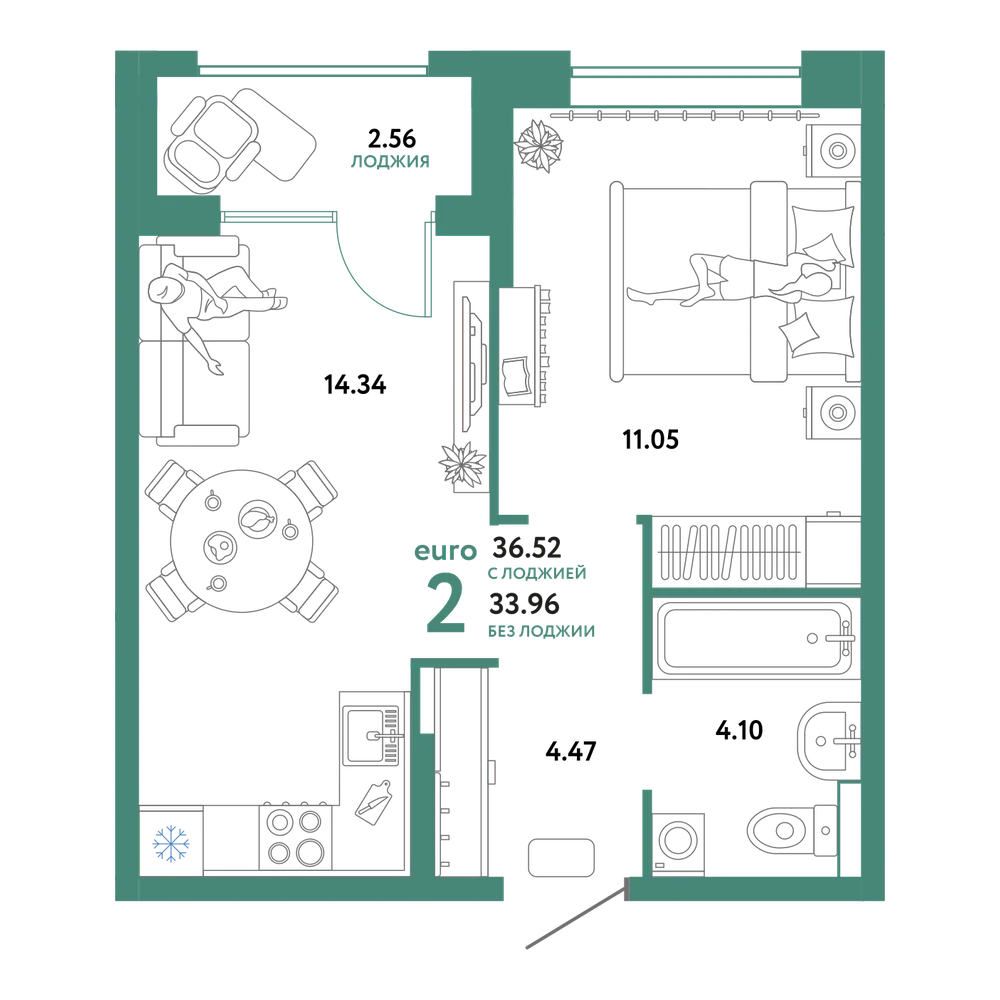 Планировка: Евродвушка 36,52 м²