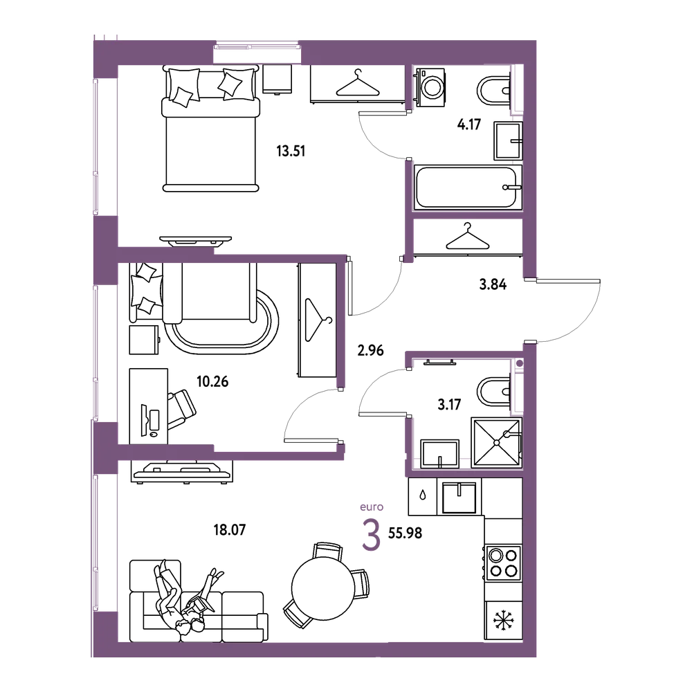 Планировка: Евротрёшка 55,98 м²