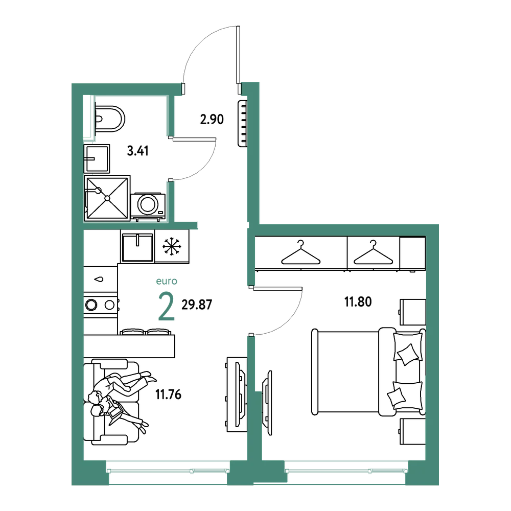 Планировка: Евродвушка 29,87 м²