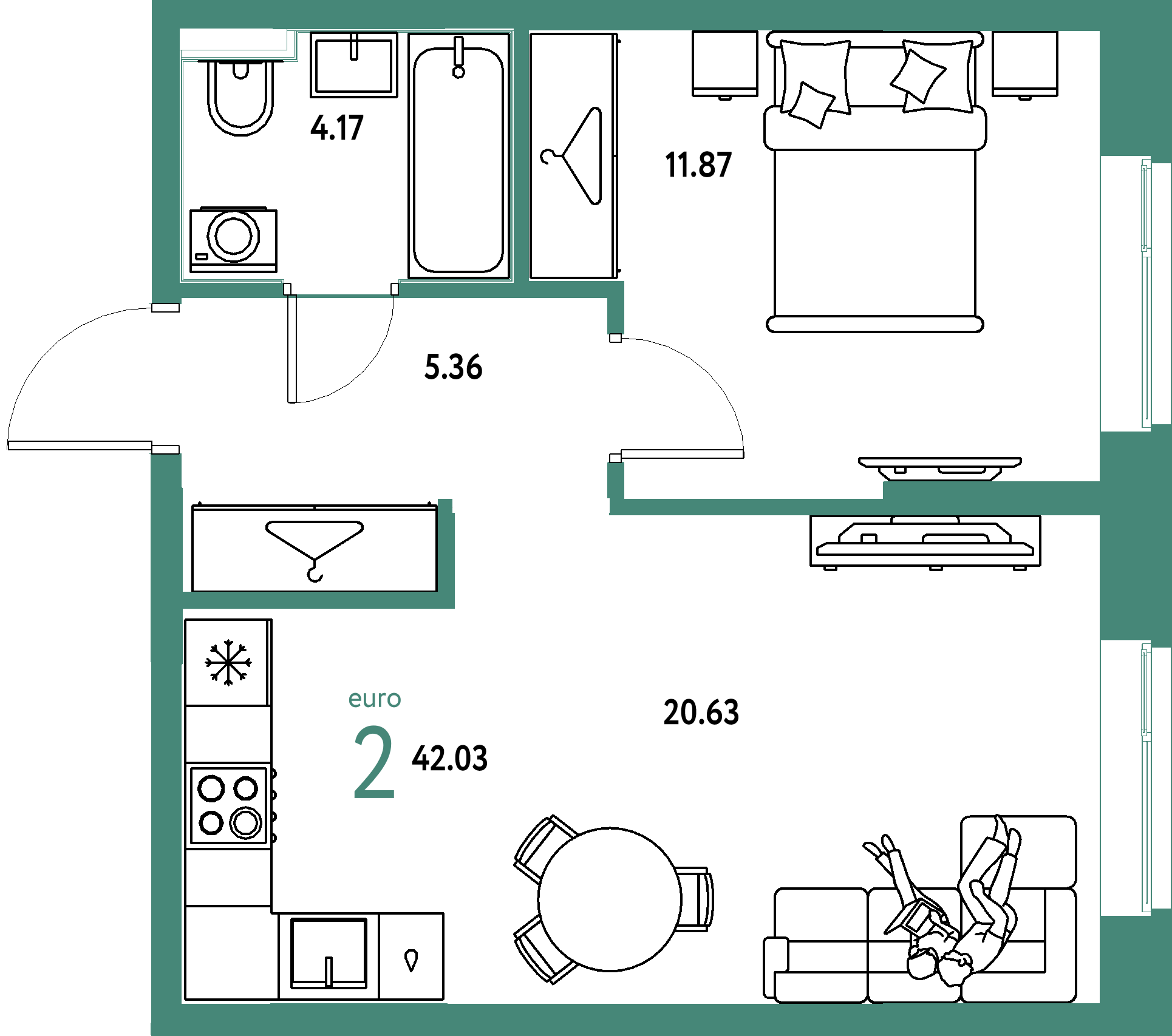 Планировка: Евродвушка 42,03 м² в ЖК «Европейский берег 2.0»