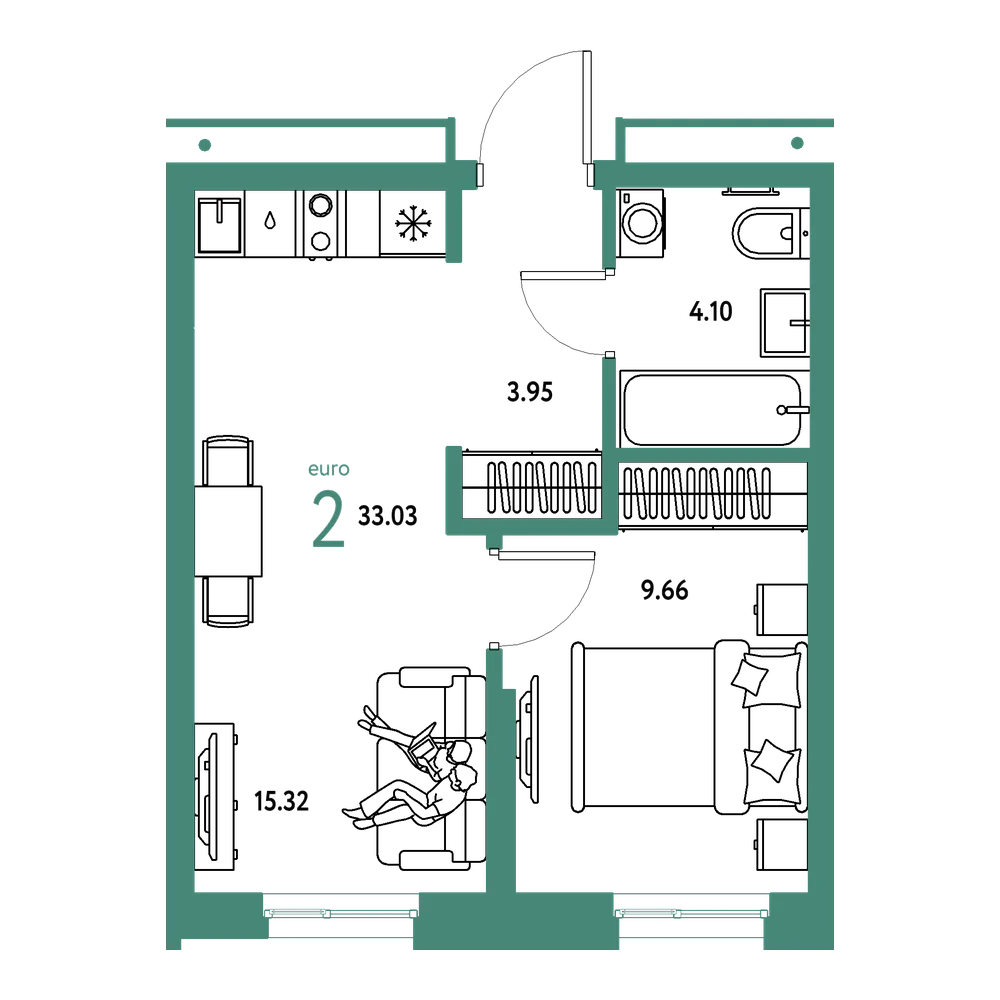 Планировка: Евродвушка 33,03 м²