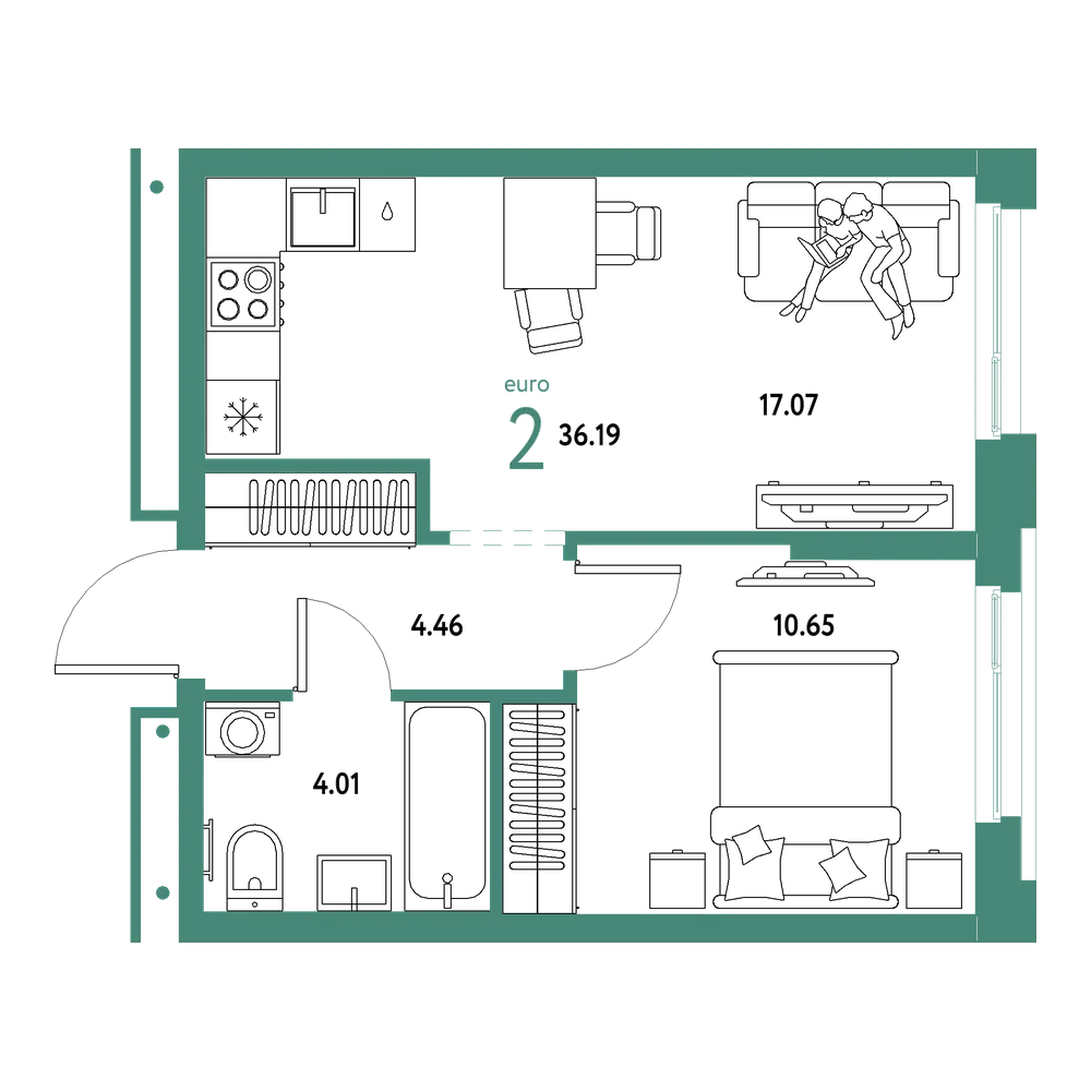 Планировка: Евродвушка 36,19 м²