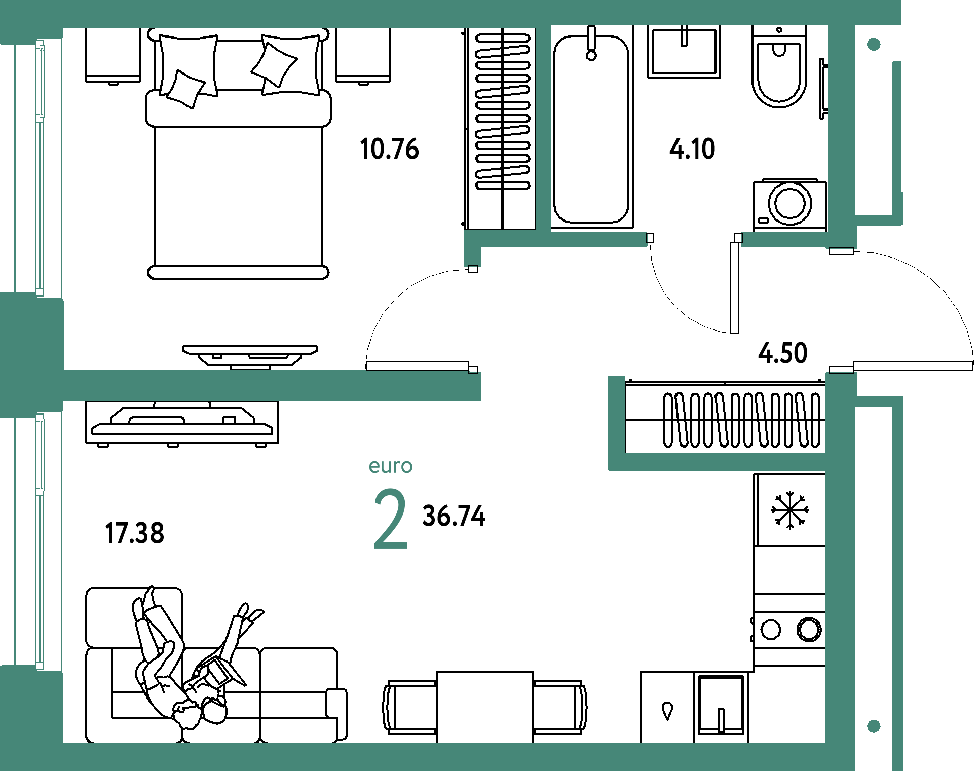 Планировка: Евродвушка 36,74 м² в ЖК «Домашний»