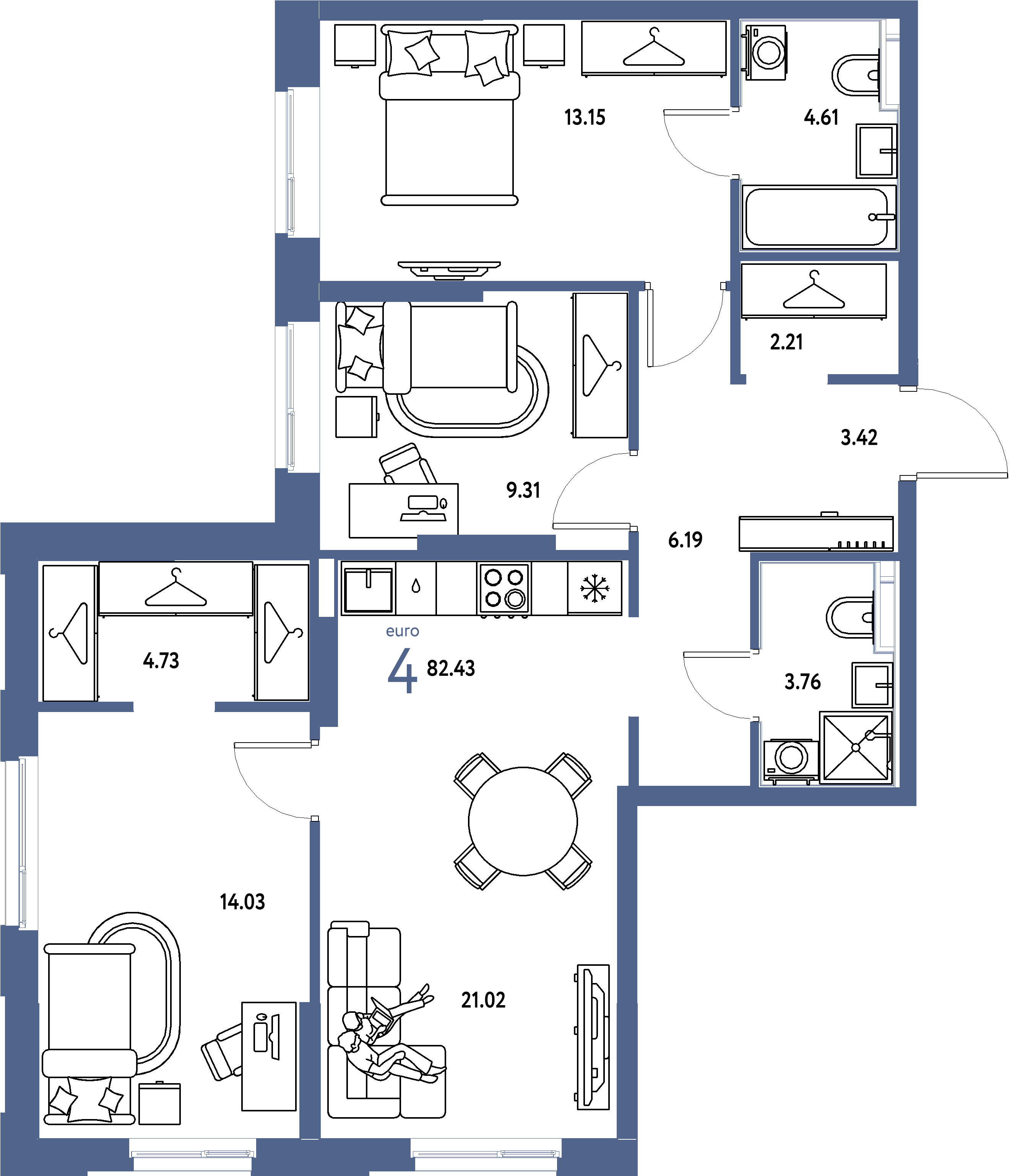 Планировка: Евро-4 82,43 м² в ЖК «Европейский берег 2.0»