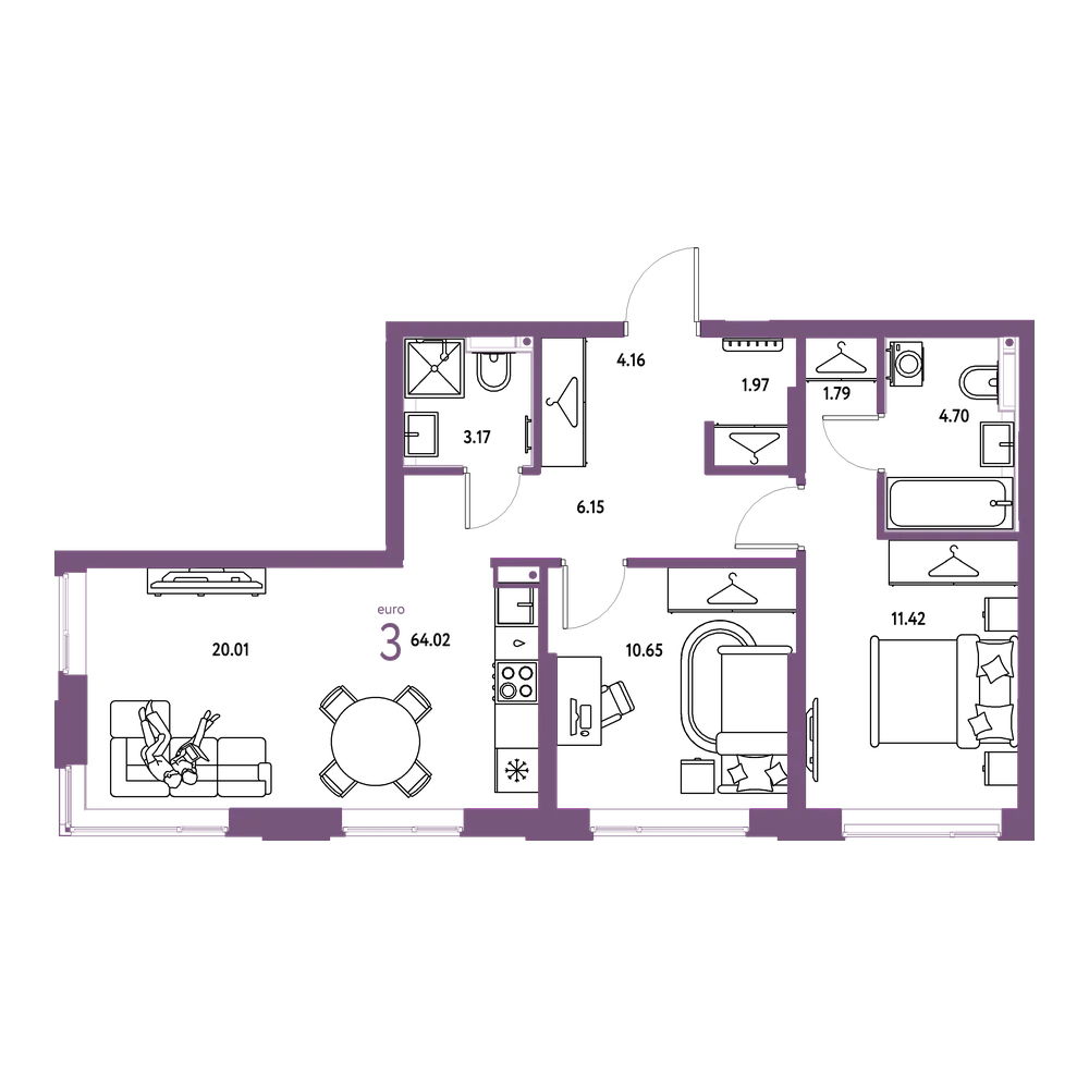 Планировка: Евротрёшка 64,02 м²