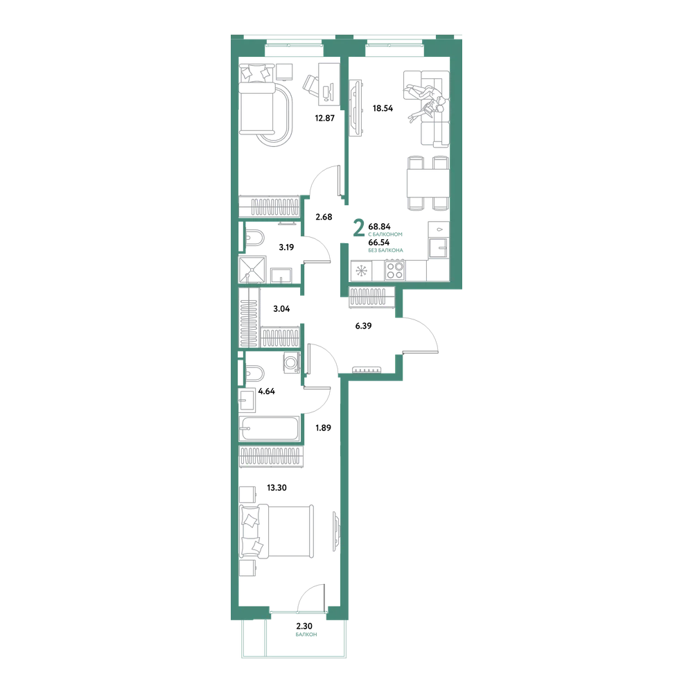 Планировка: Евродвушка 68,84 м²