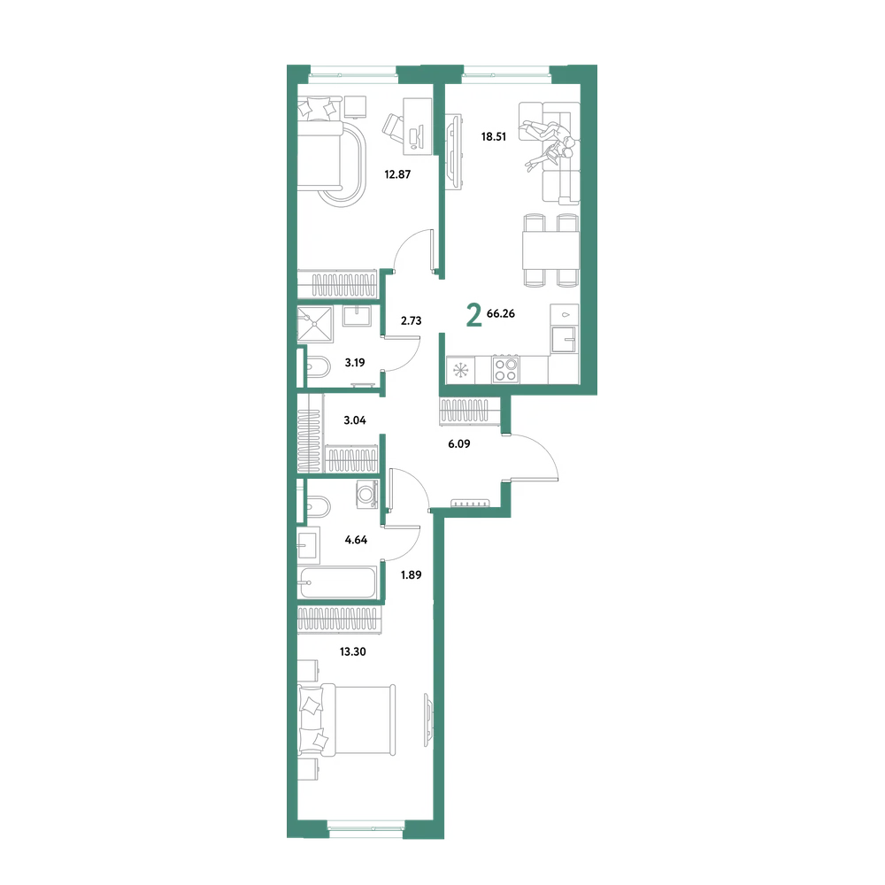 Планировка: 2-комнатная 66,26 м²