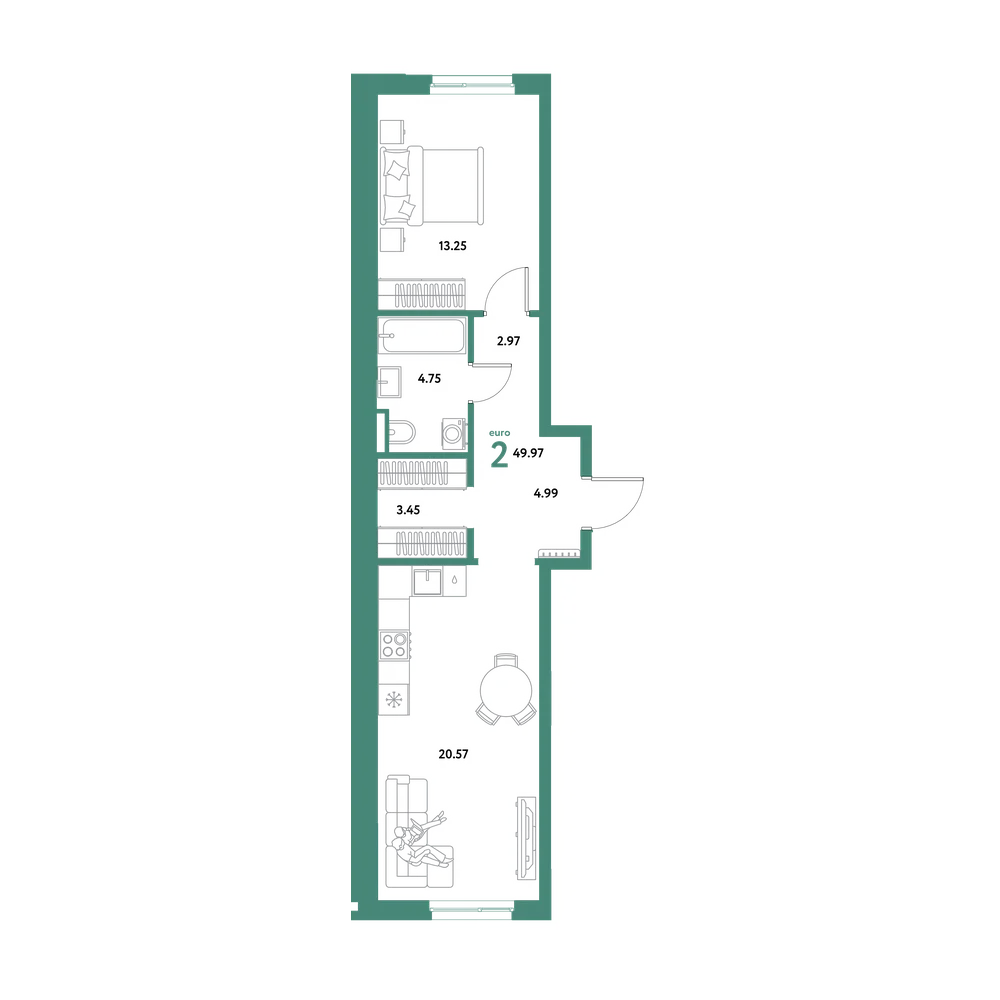 Планировка: Евродвушка 49,97 м²